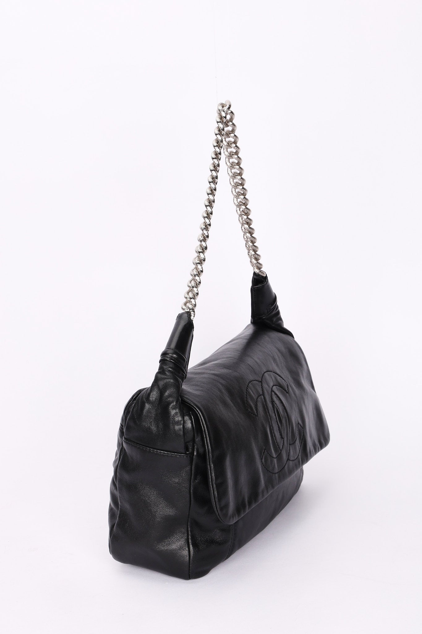 Chanel Stitched CC Single Flap Black Calfskin SHW