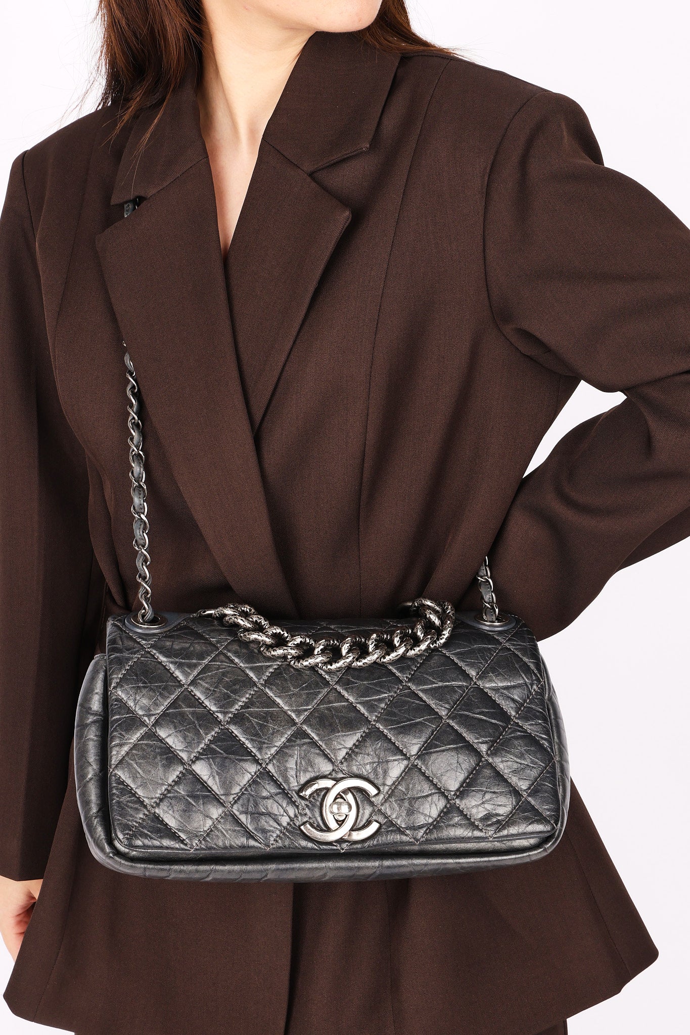 Chanel Single Flap Gun Metal Grey Crinkled Calfskin RHW