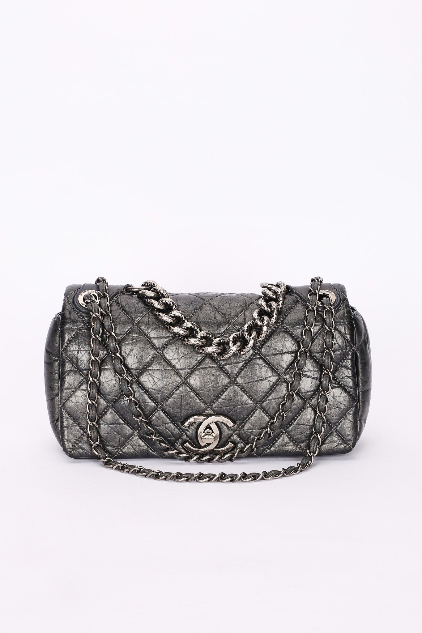 Chanel Single Flap Gun Metal Grey Crinkled Calfskin RHW