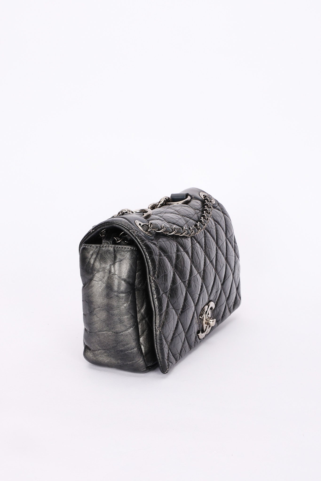 Chanel Single Flap Gun Metal Grey Crinkled Calfskin RHW