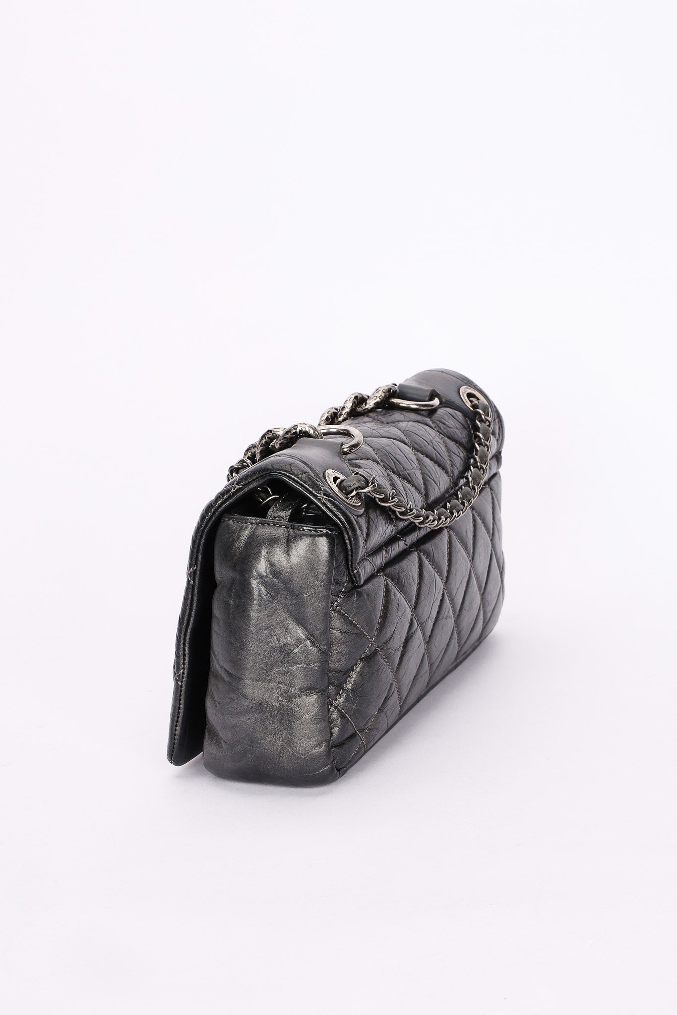 Chanel Single Flap Gun Metal Grey Crinkled Calfskin RHW
