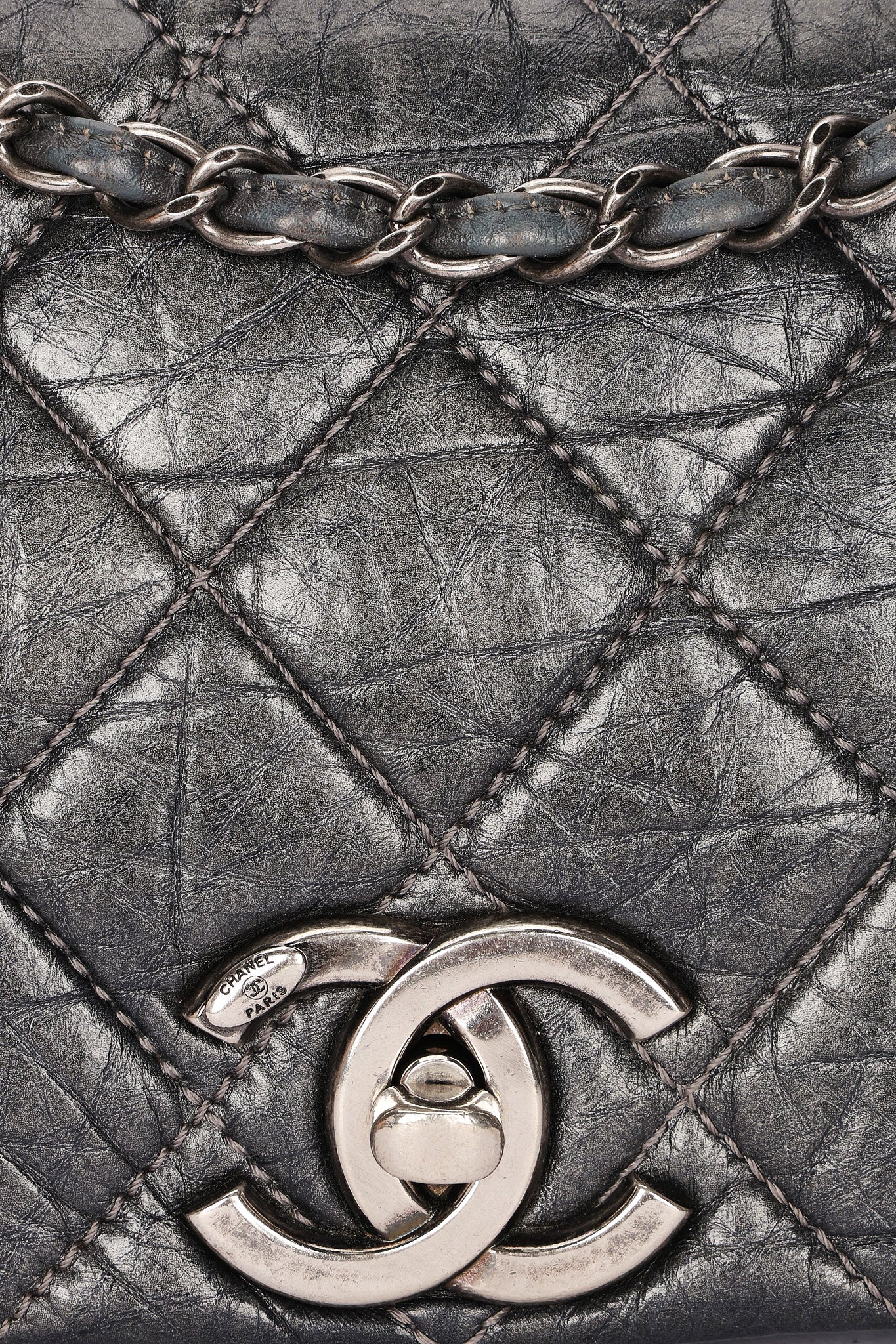 Chanel Single Flap Gun Metal Grey Crinkled Calfskin RHW