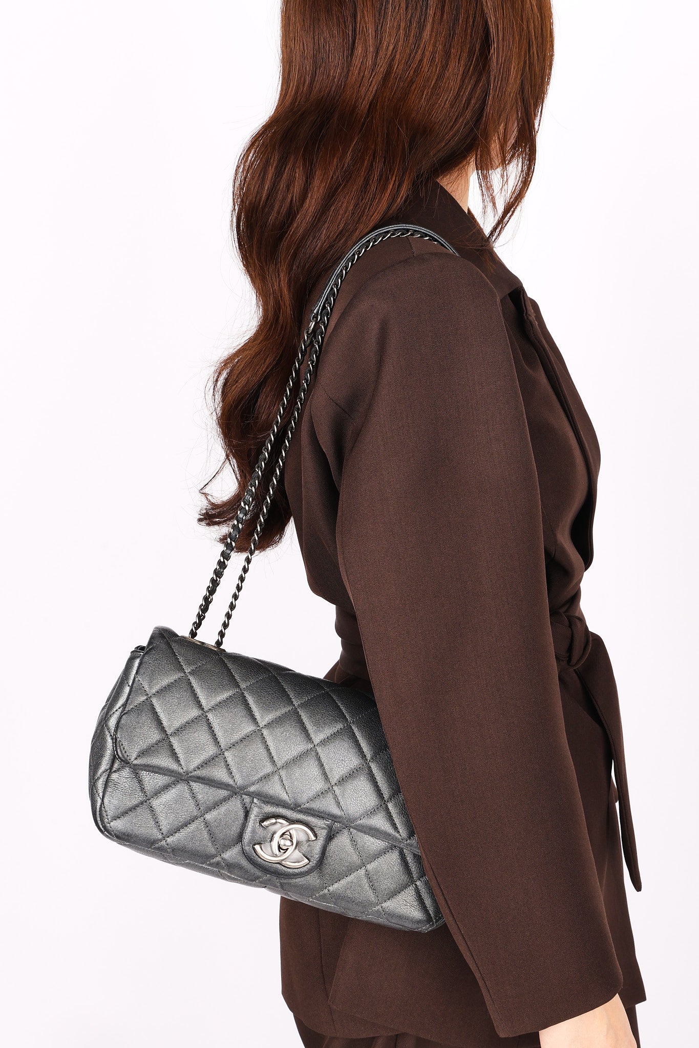 Chanel Medium Single Flap Metallic Gunmetal RHW