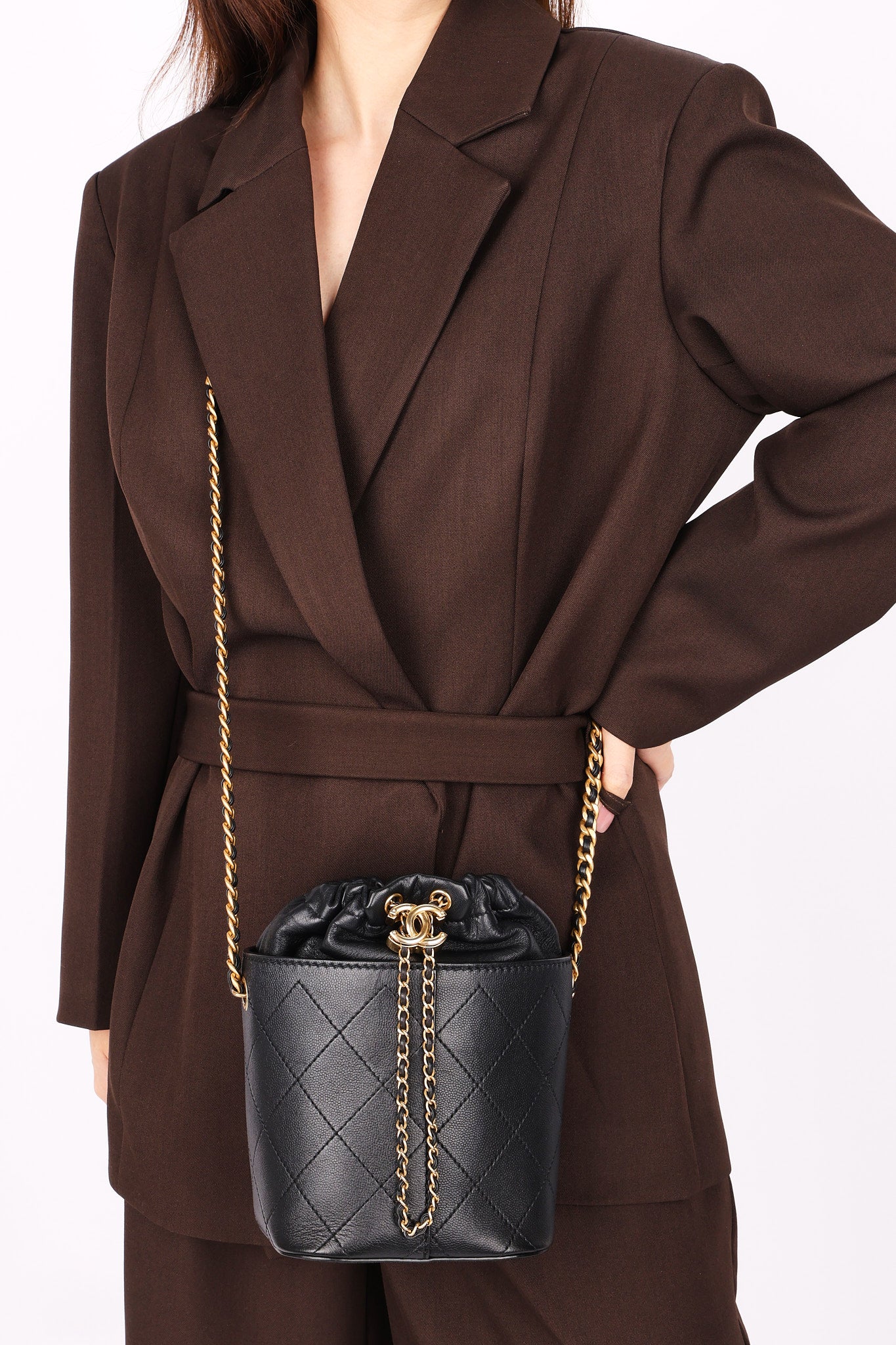 Chanel Drawstring Bucket Bag Black Lambskin and Caviar AGHW