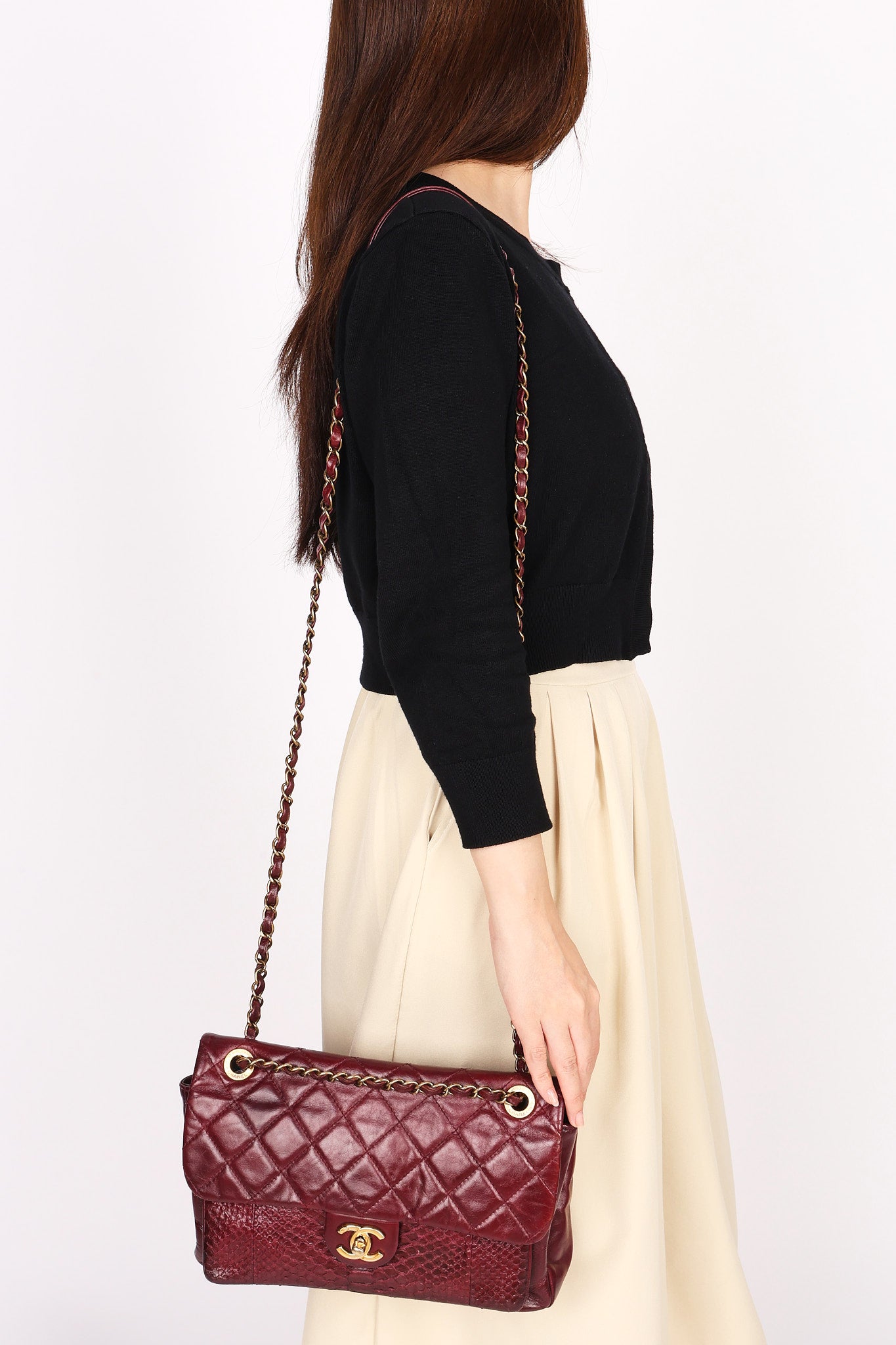 Chanel Single Flap Bordeaux Calfskin and Python AGHW