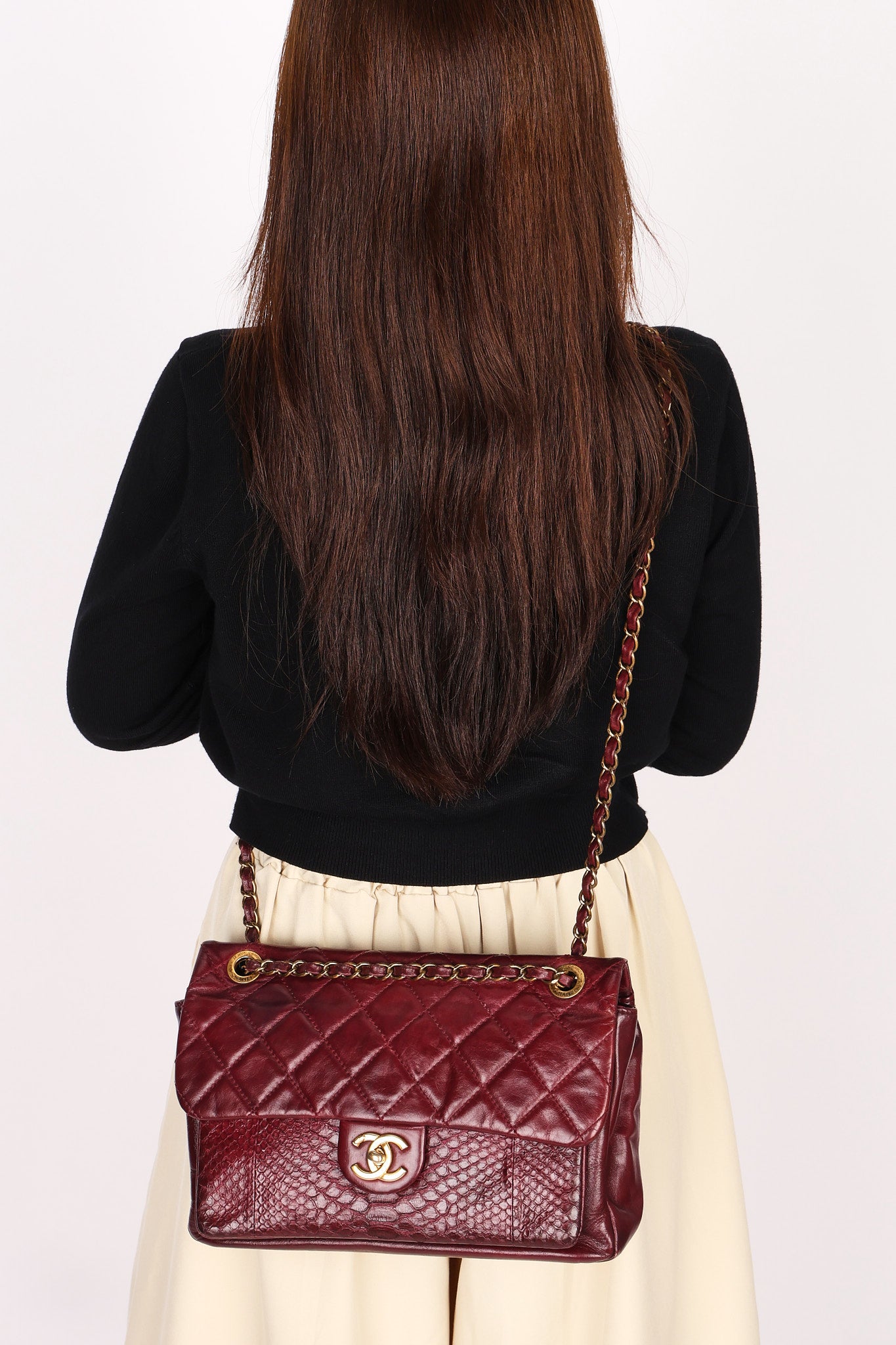 Chanel Single Flap Bordeaux Calfskin and Python AGHW