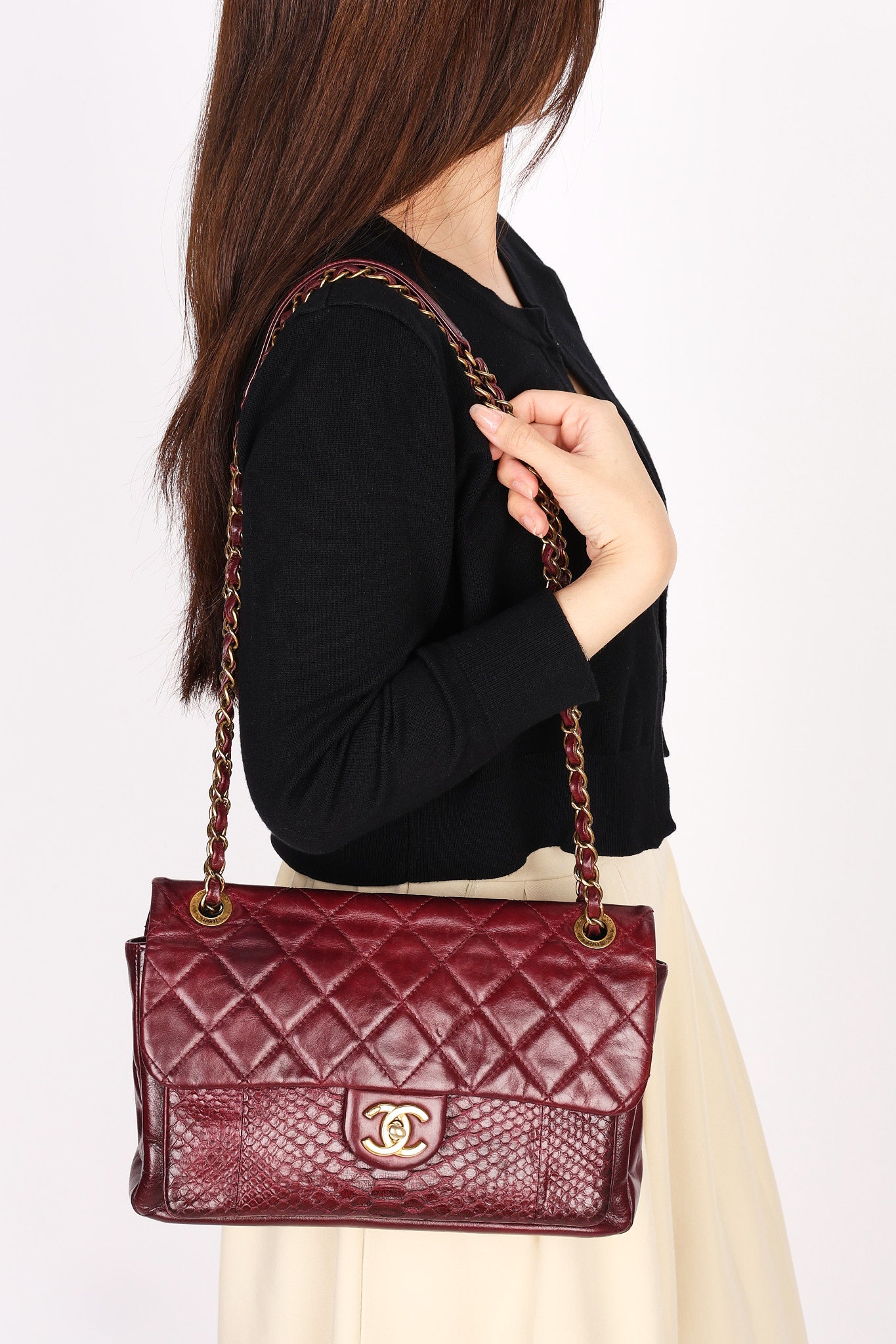 Chanel Single Flap Bordeaux Calfskin and Python AGHW