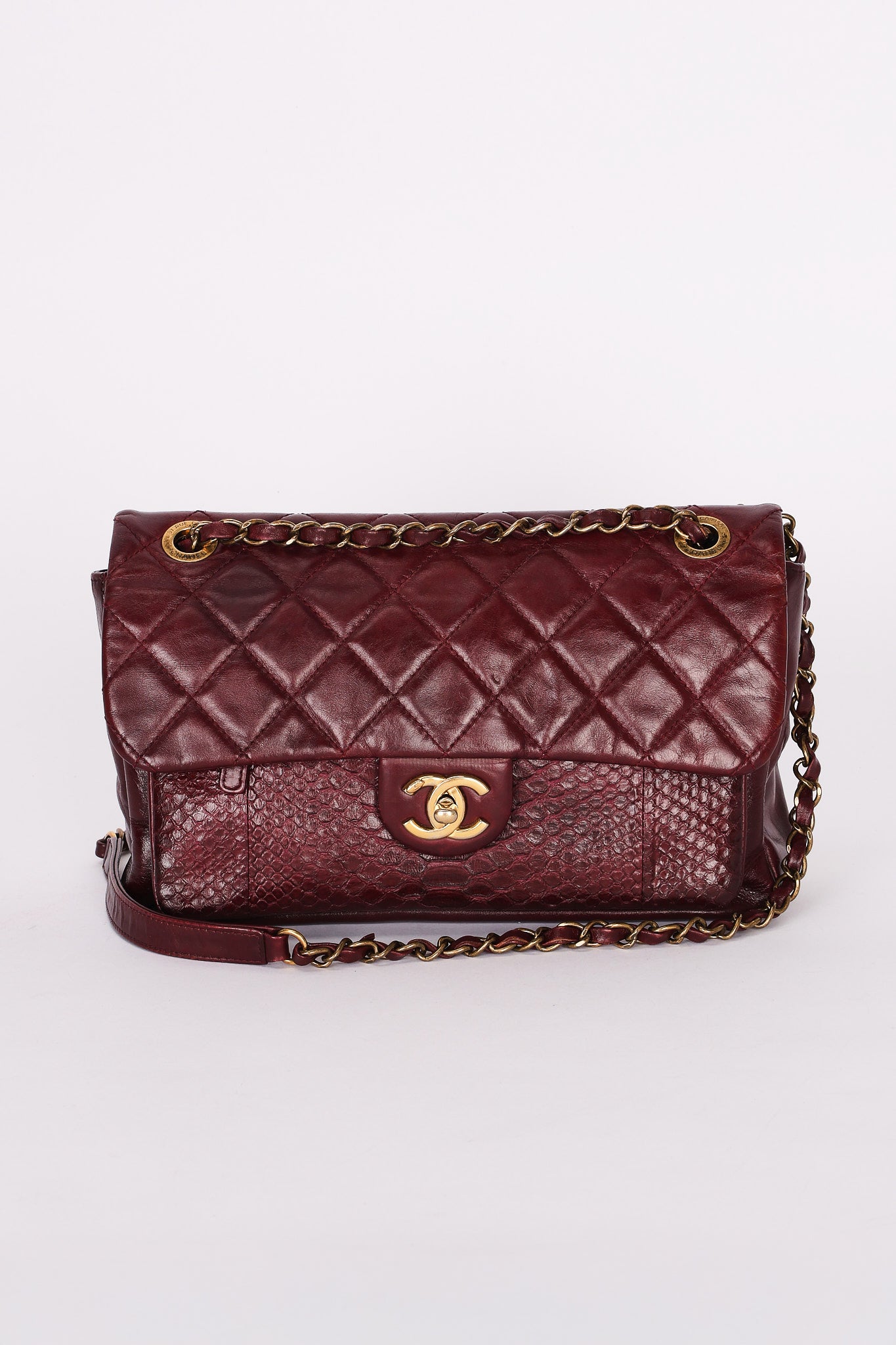 Chanel Single Flap Bordeaux Calfskin and Python AGHW