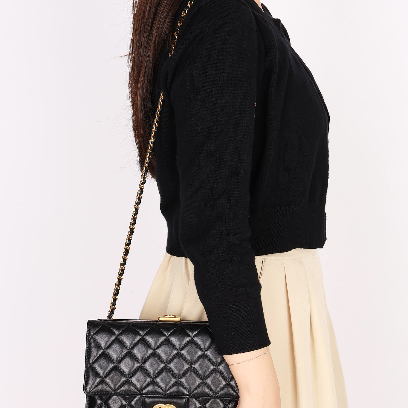 Chanel Kisslock Frame Turnlock Front Pocket Shoulder Bag Black Lambskin AGHW