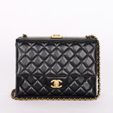 Chanel Kisslock Frame Turnlock Front Pocket Shoulder Bag Black Lambskin AGHW