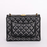 Chanel Kisslock Frame Turnlock Front Pocket Shoulder Bag Black Lambskin AGHW