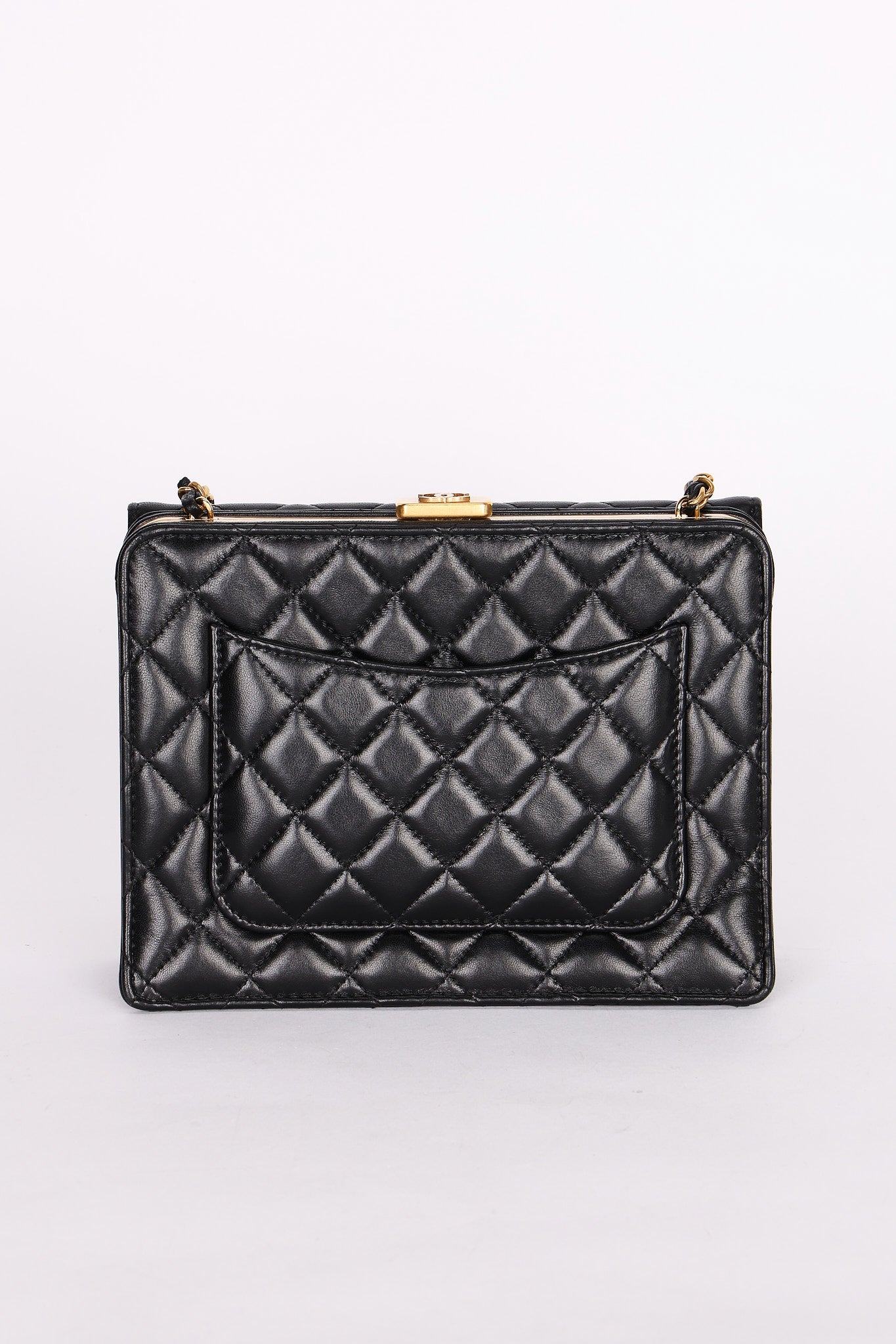 Chanel Kisslock Frame Turnlock Front Pocket Shoulder Bag Black Lambskin AGHW
