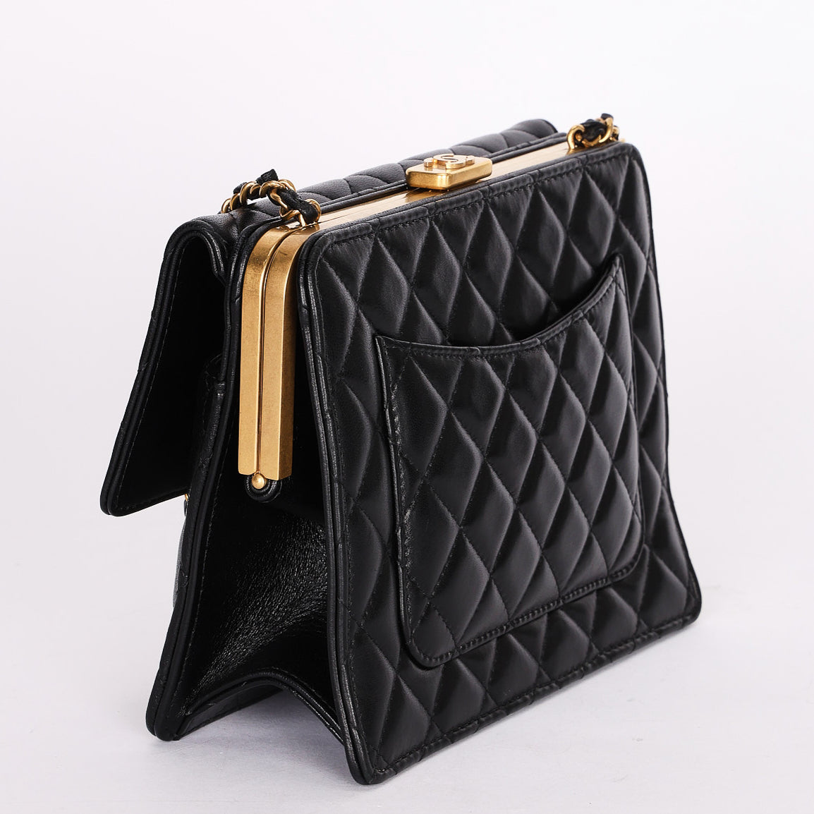 Chanel Kisslock Frame Turnlock Front Pocket Shoulder Bag Black Lambskin AGHW