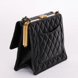Chanel Kisslock Frame Turnlock Front Pocket Shoulder Bag Black Lambskin AGHW