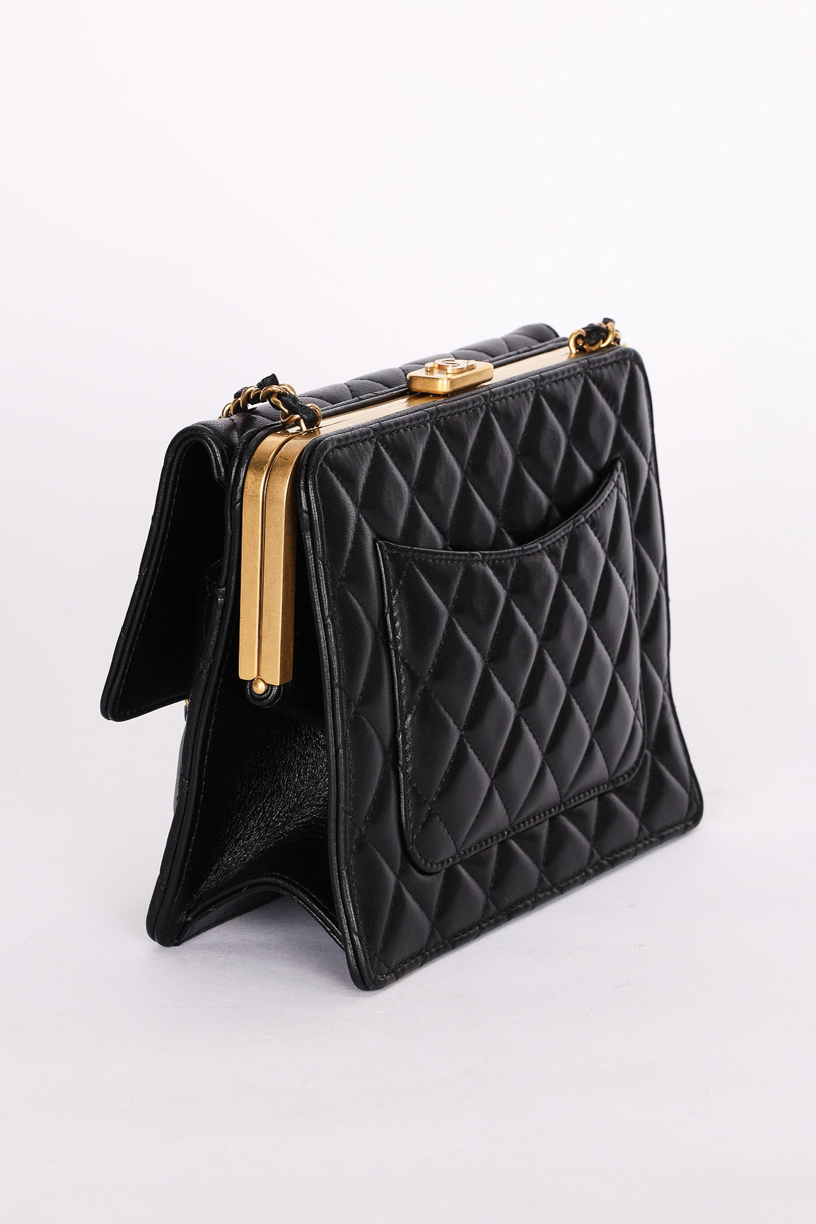 Chanel Kisslock Frame Turnlock Front Pocket Shoulder Bag Black Lambskin AGHW