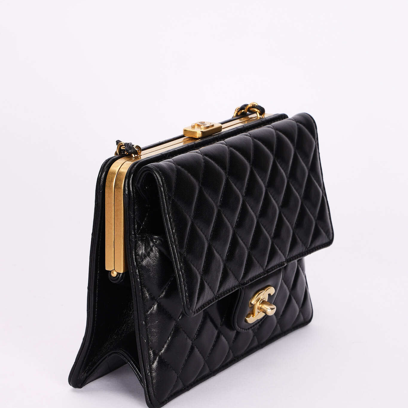 Rare Chanel Kisslock Frame Turnlock Front Pocket Shoulder Bag Black Lambskin 2024 AGHW