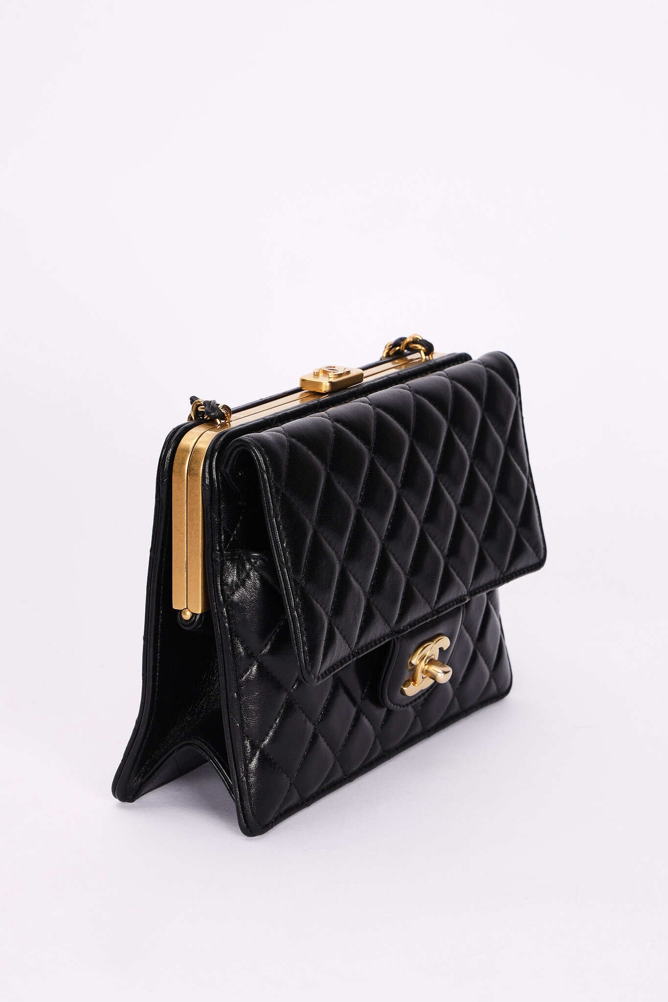 Rare Chanel Kisslock Frame Turnlock Front Pocket Shoulder Bag Black Lambskin 2024 AGHW