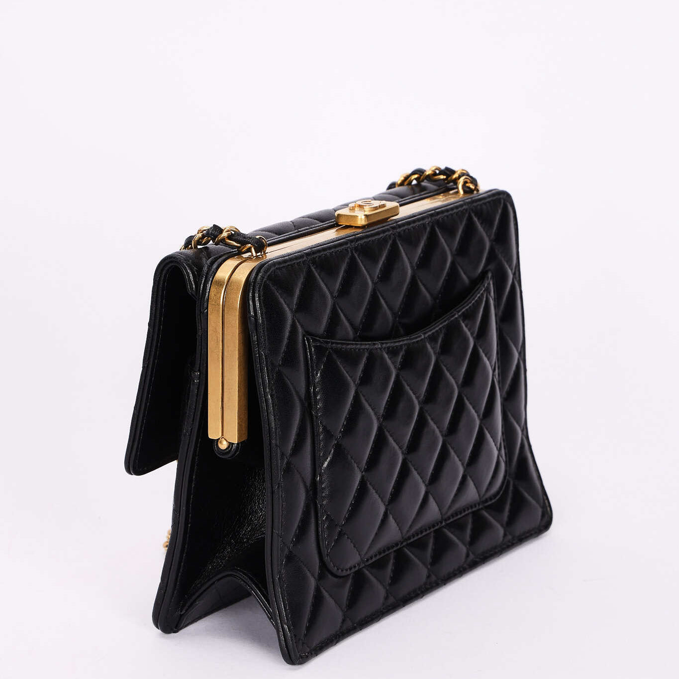 Rare Chanel Kisslock Frame Turnlock Front Pocket Shoulder Bag Black Lambskin 2024 AGHW