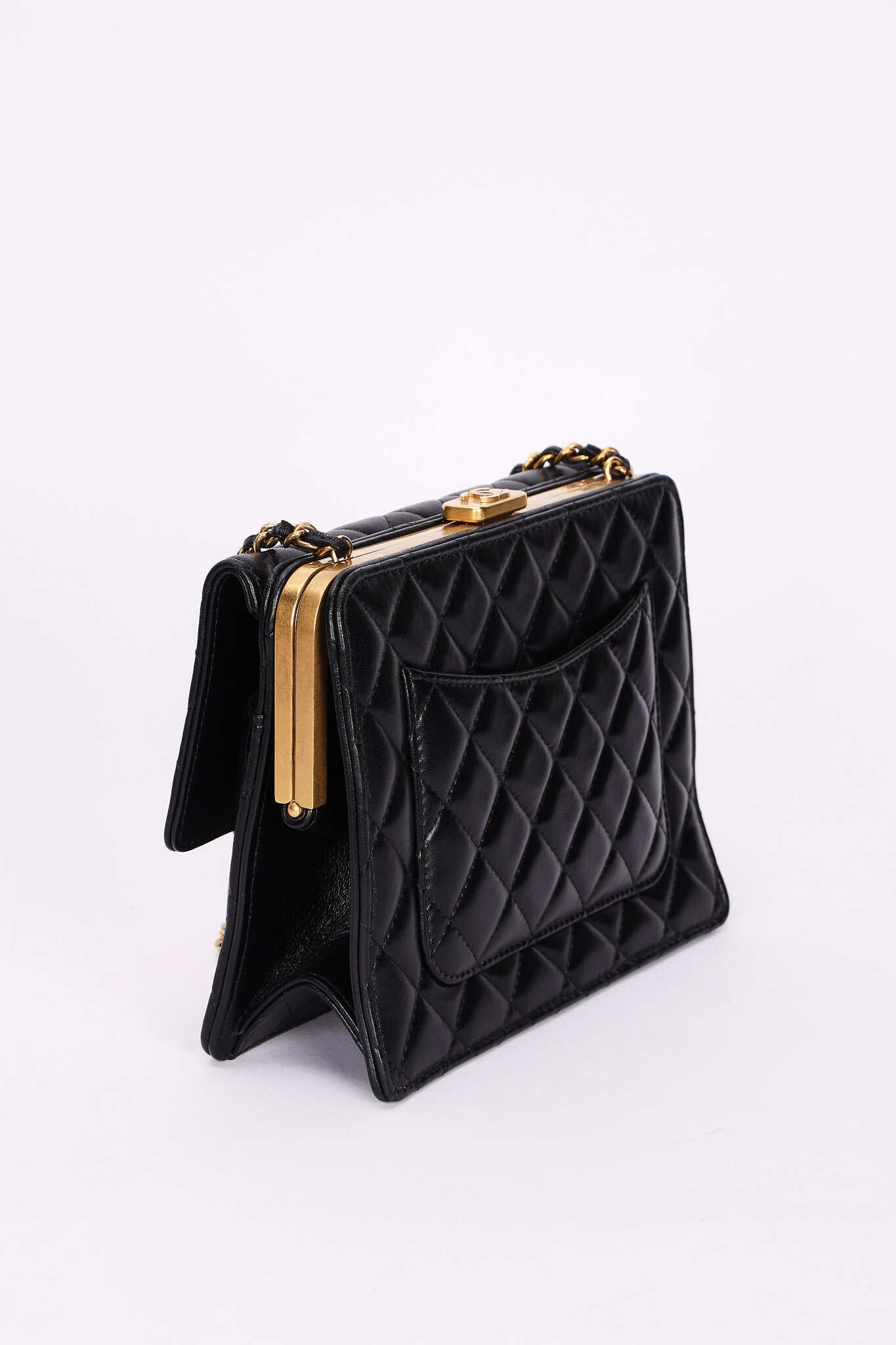 Rare Chanel Kisslock Frame Turnlock Front Pocket Shoulder Bag Black Lambskin 2024 AGHW