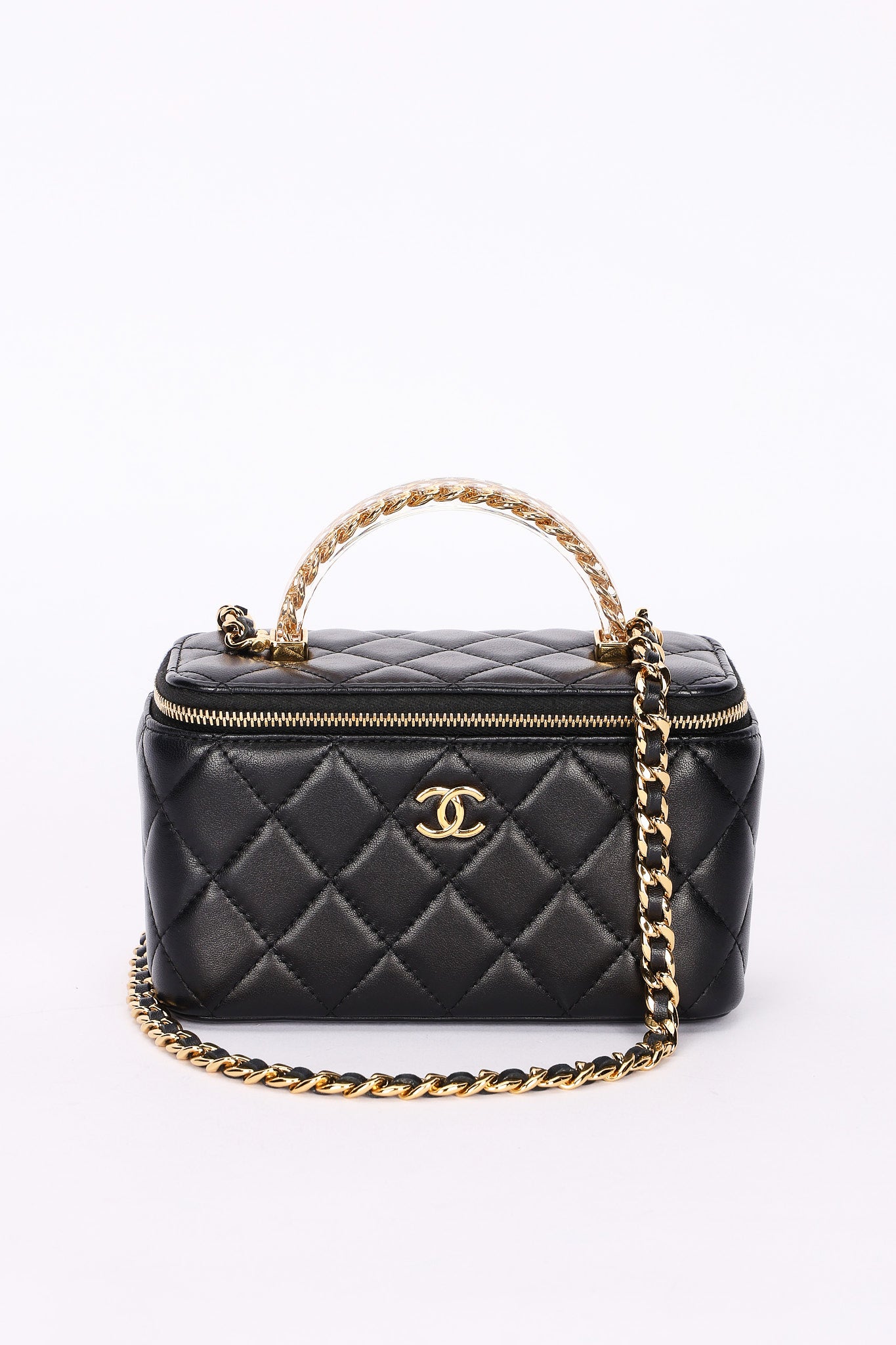 Chanel Acrylic with Chain Top Handle Vanity Case Black Lambskin GHW