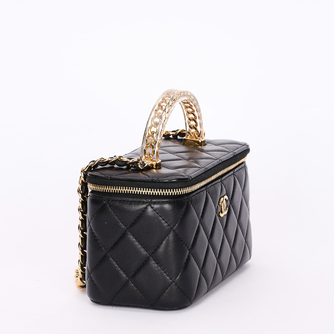 Chanel Acrylic with Chain Top Handle Vanity Case Black Lambskin GHW