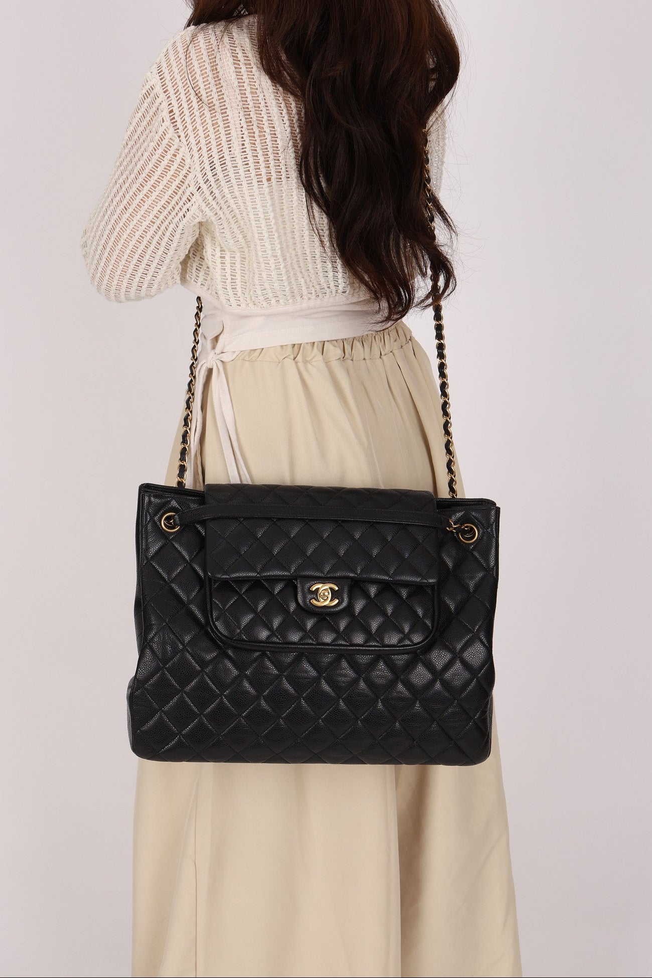 Chanel Paris-Edinburgh Front Pocket Flap Tote Black Caviar 2014 GHW