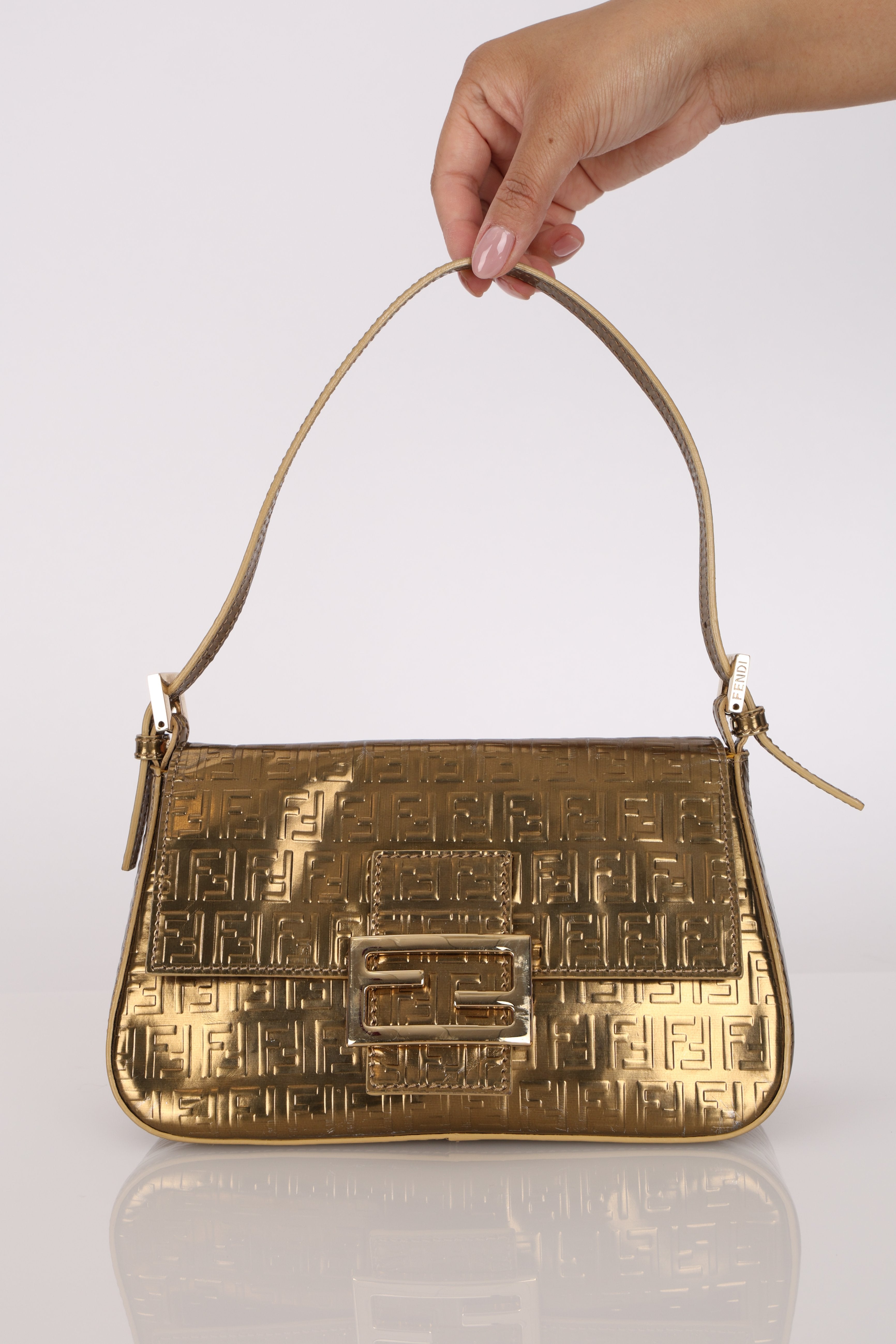 Fendi Zucchino Gold Metallic Embossed Mini Mama Baguette