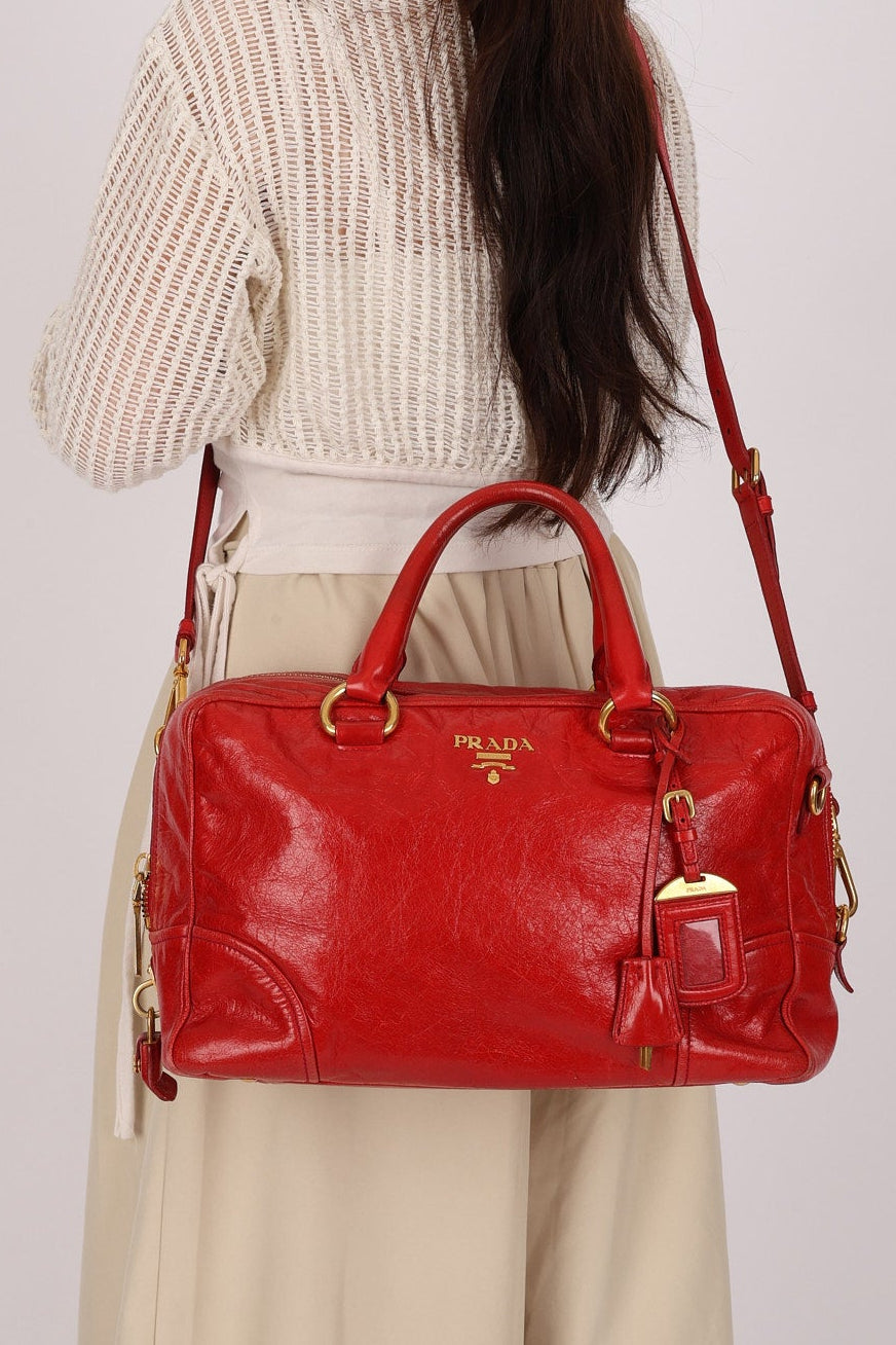 Prada Bowling Bag Red Vitello Shine