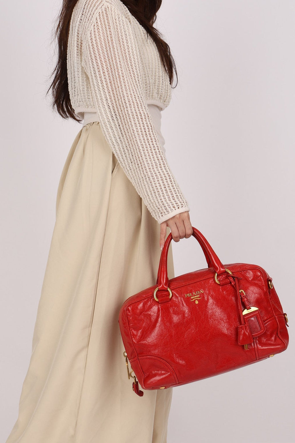 Prada Bowling Bag Red Vitello Shine