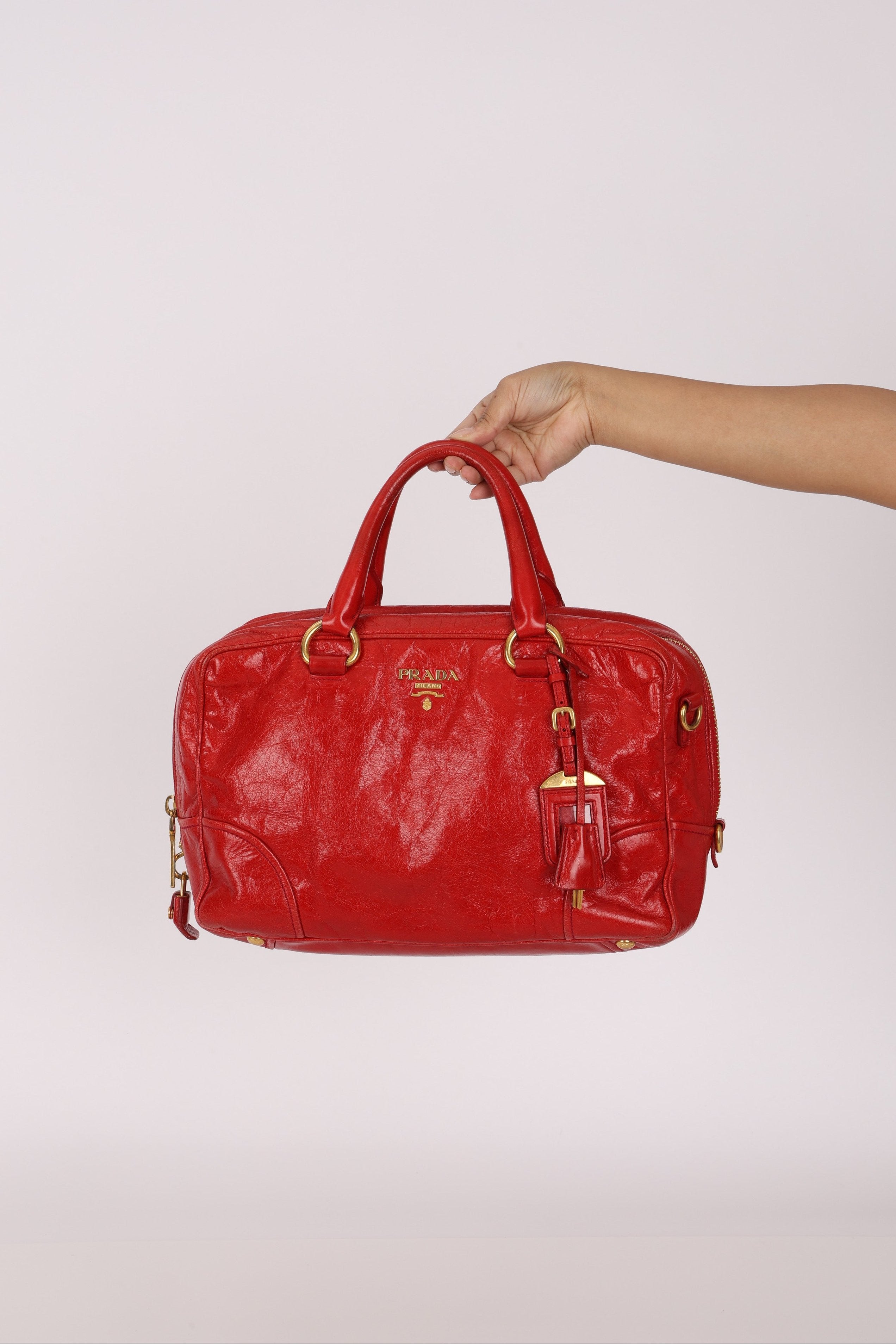 Prada Vitello Shoulder Bag Red Crinkled Calfskin