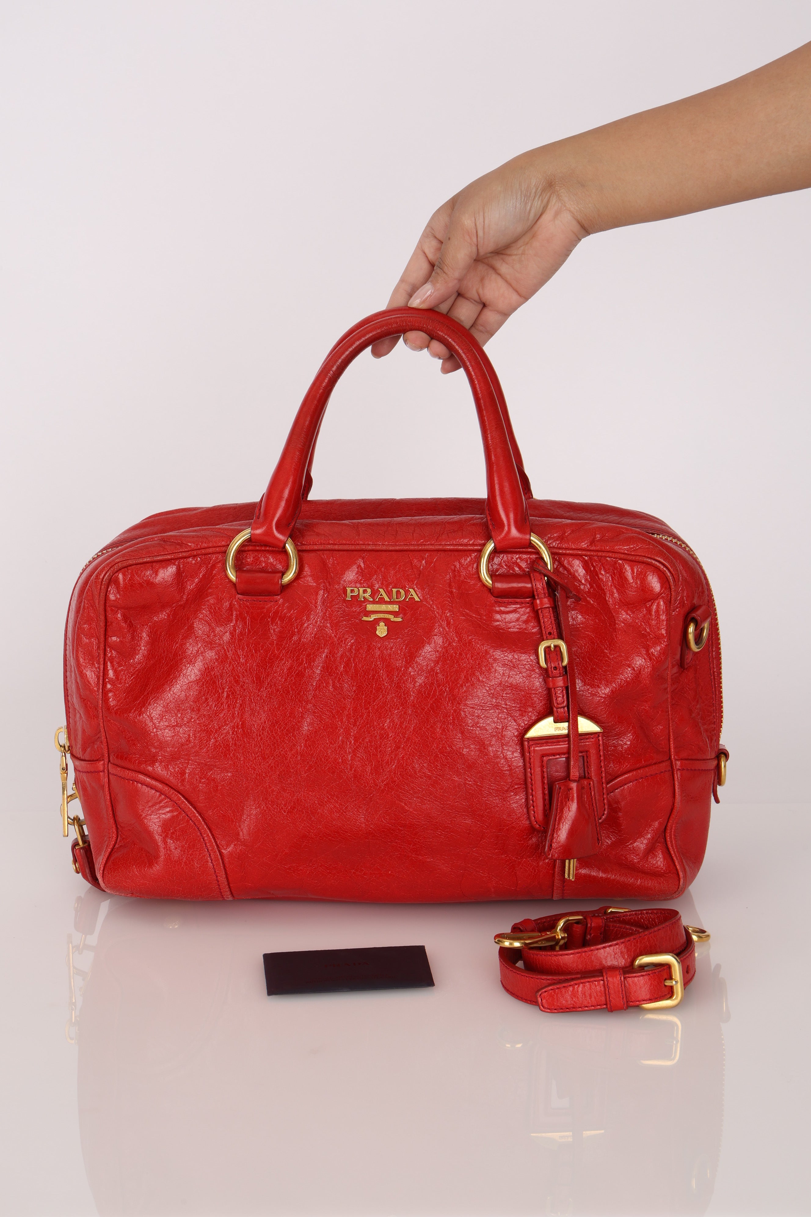Prada Vitello Shoulder Bag Red Crinkled Calfskin
