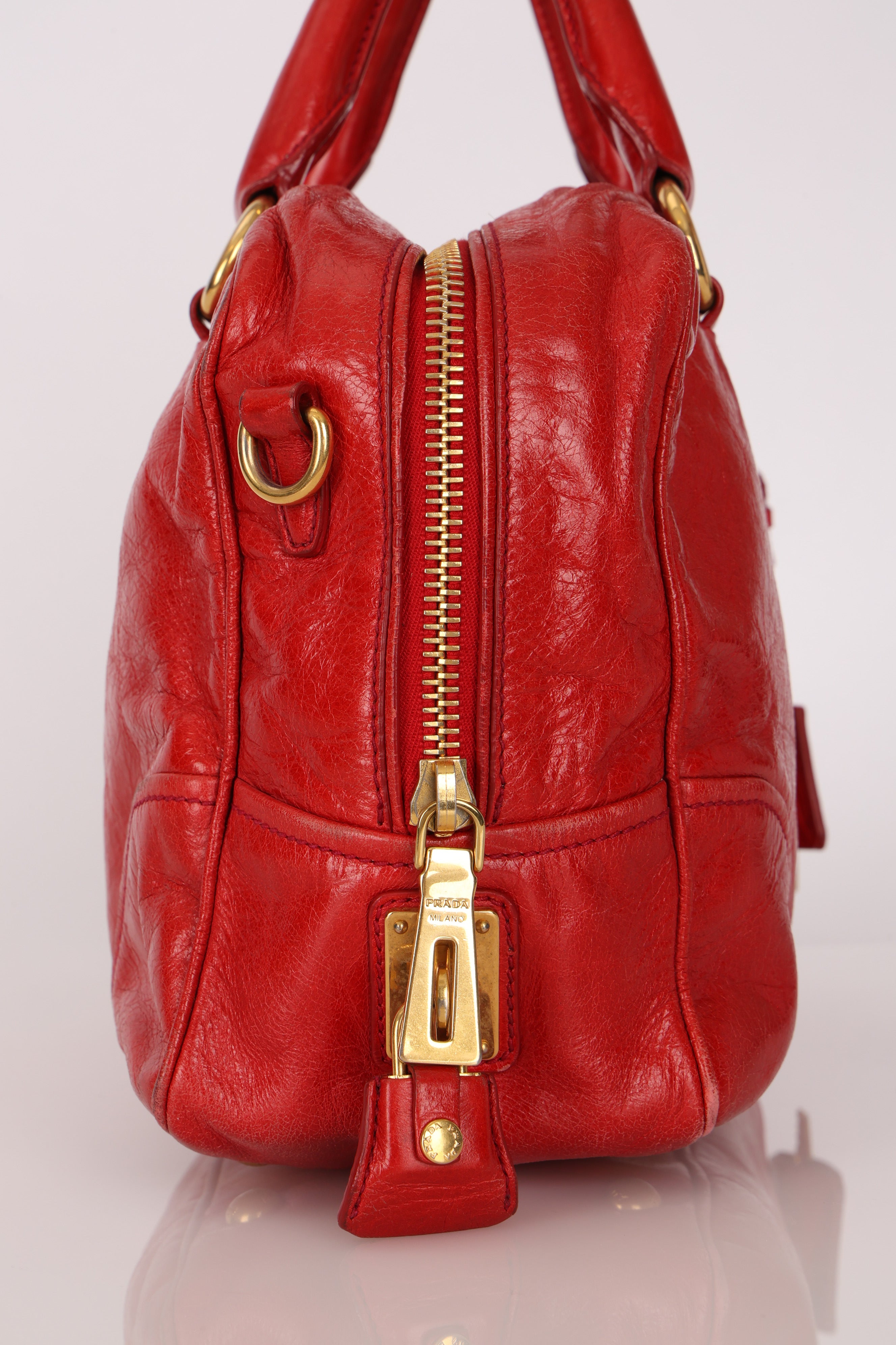 Prada Vitello Shoulder Bag Red Crinkled Calfskin