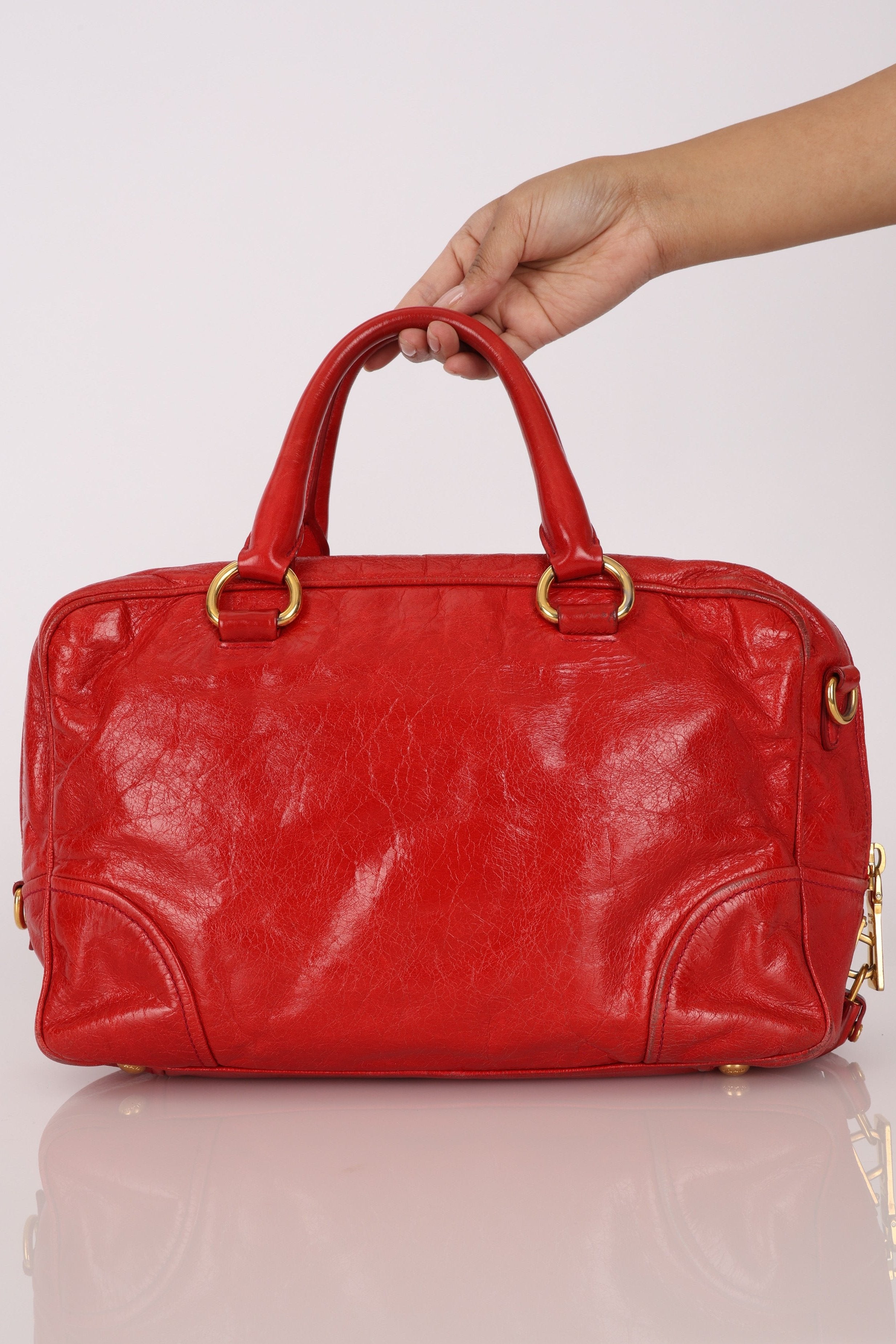 Prada Vitello Shoulder Bag Red Crinkled Calfskin