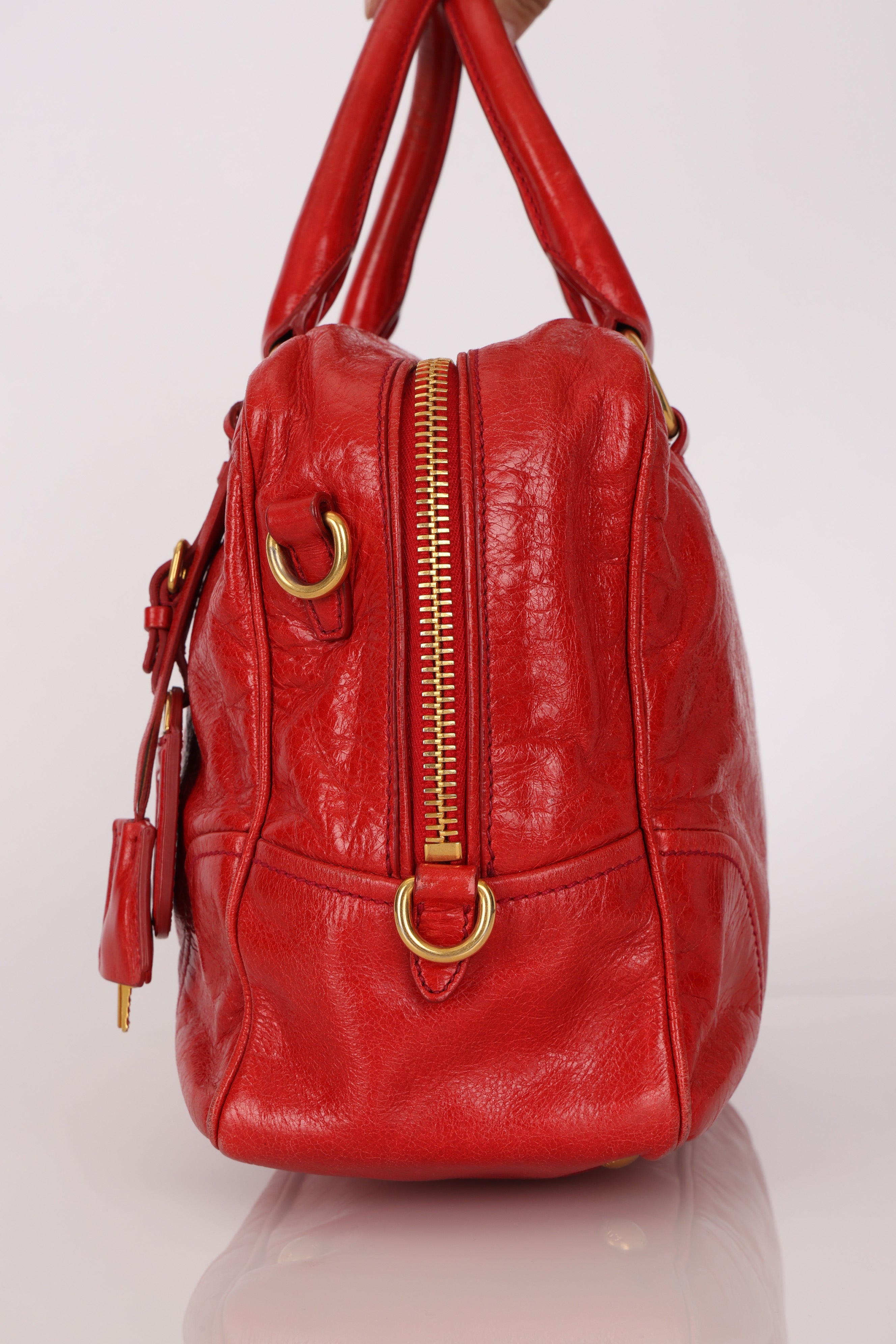 Prada Vitello Shoulder Bag Red Crinkled Calfskin