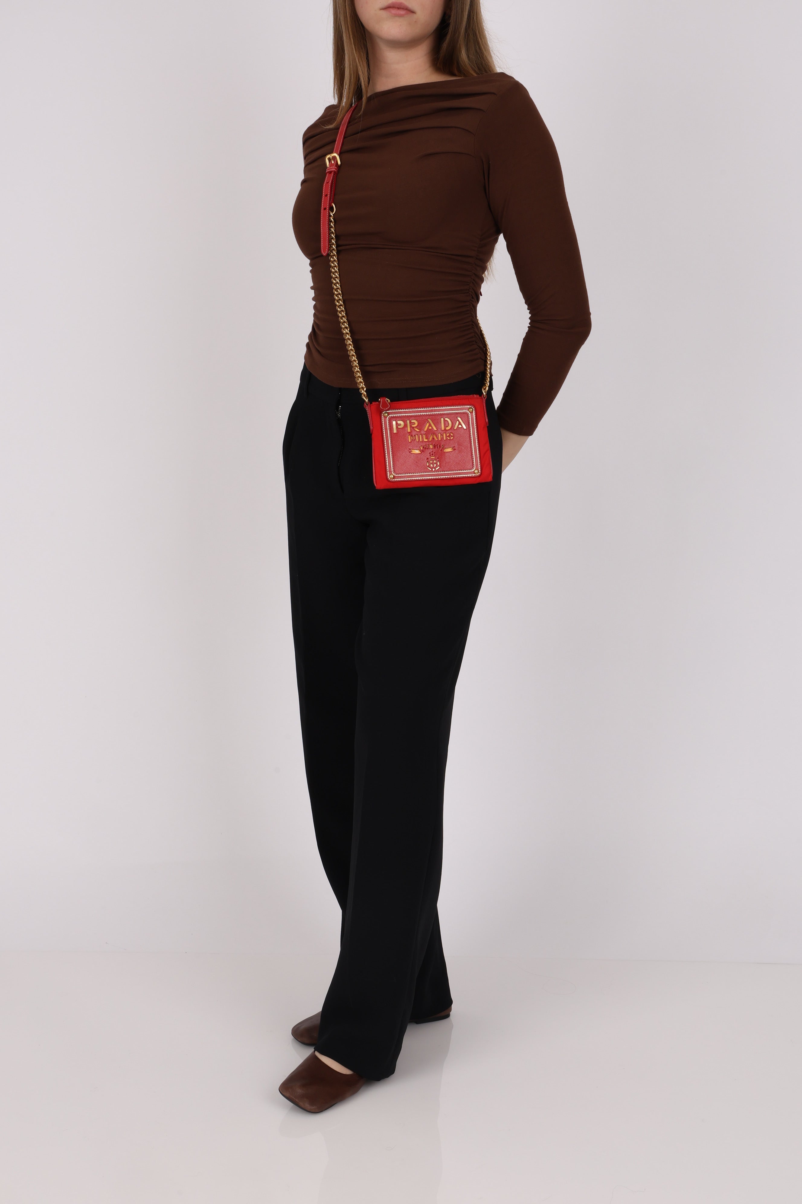 Prada Logo Cutout Red Nylon and Saffiano Leather Crossbody Bag