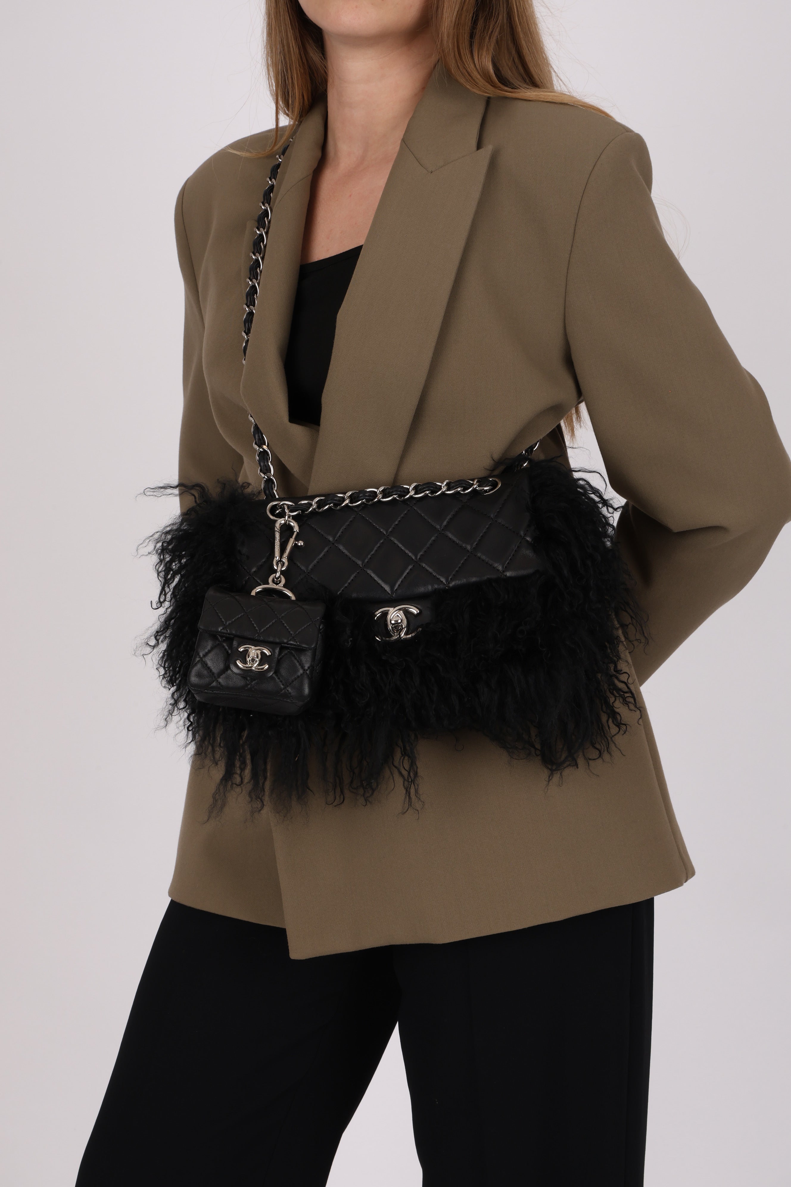Chanel Shearling Fur Single Flap w/ Pouch Black Lambskin SHW