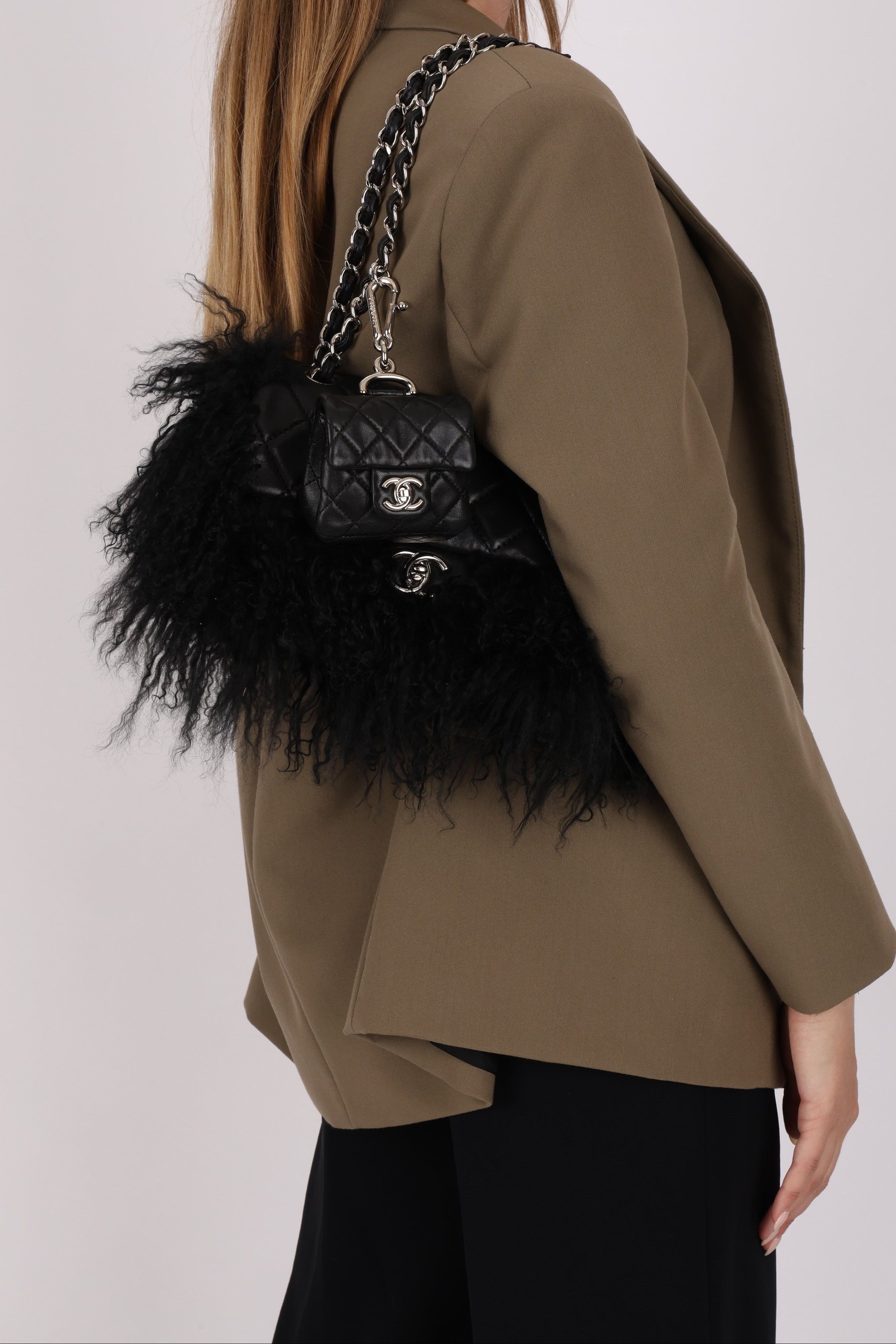 Chanel Shearling Fur Single Flap w/ Pouch Black Lambskin SHW