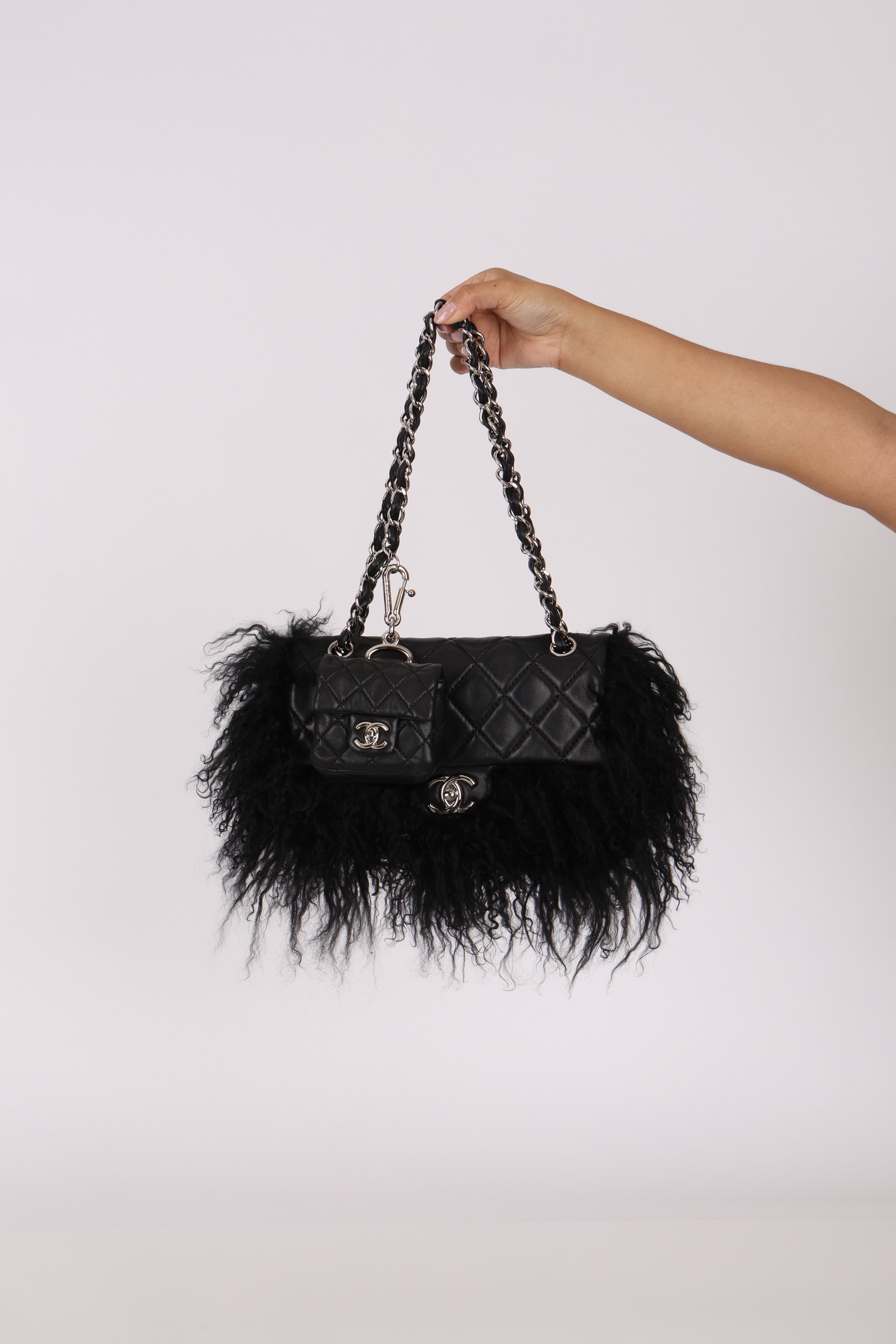 Chanel Shearling Fur Single Flap w/ Pouch Black Lambskin SHW