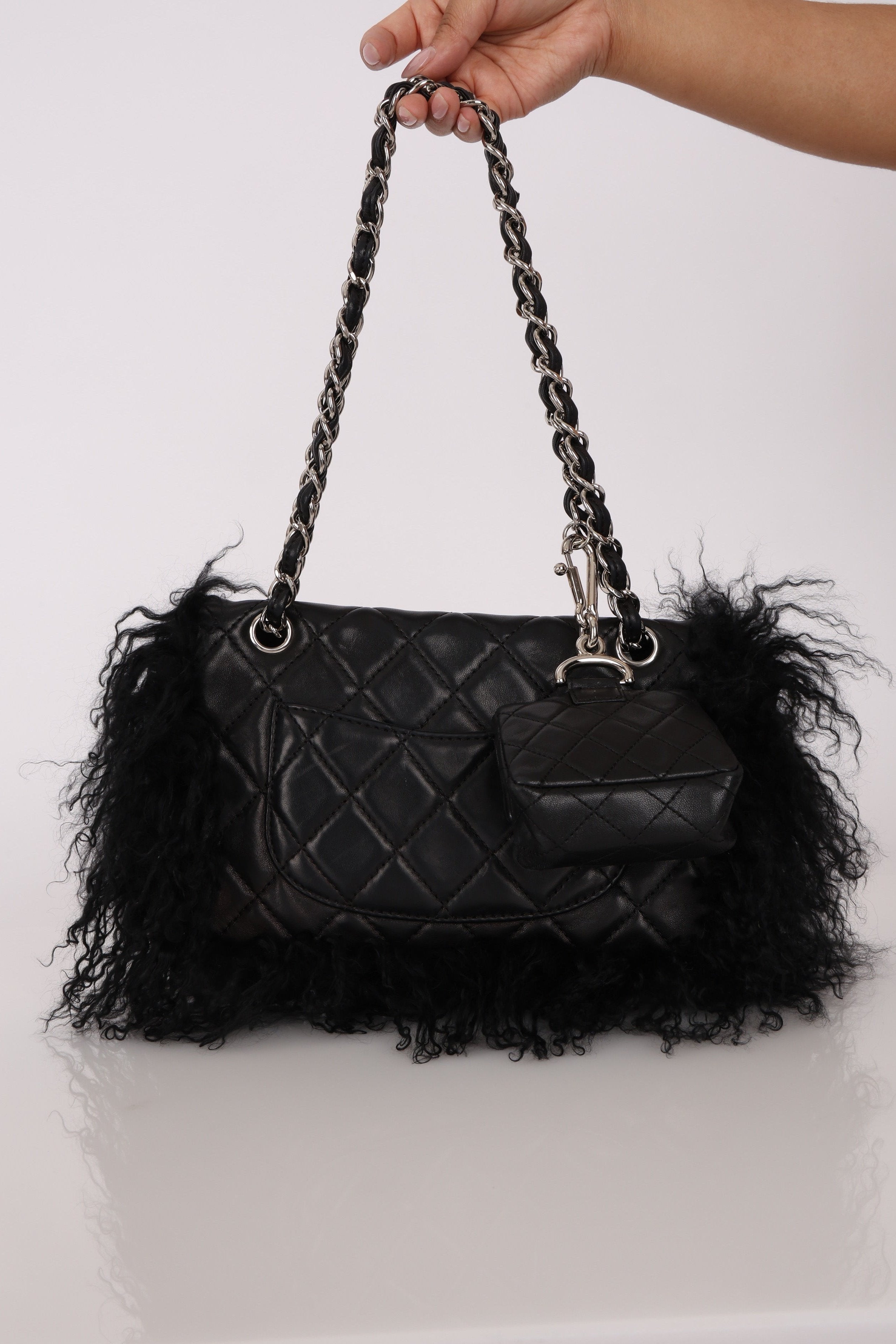 Chanel Shearling Fur Single Flap w/ Pouch Black Lambskin SHW