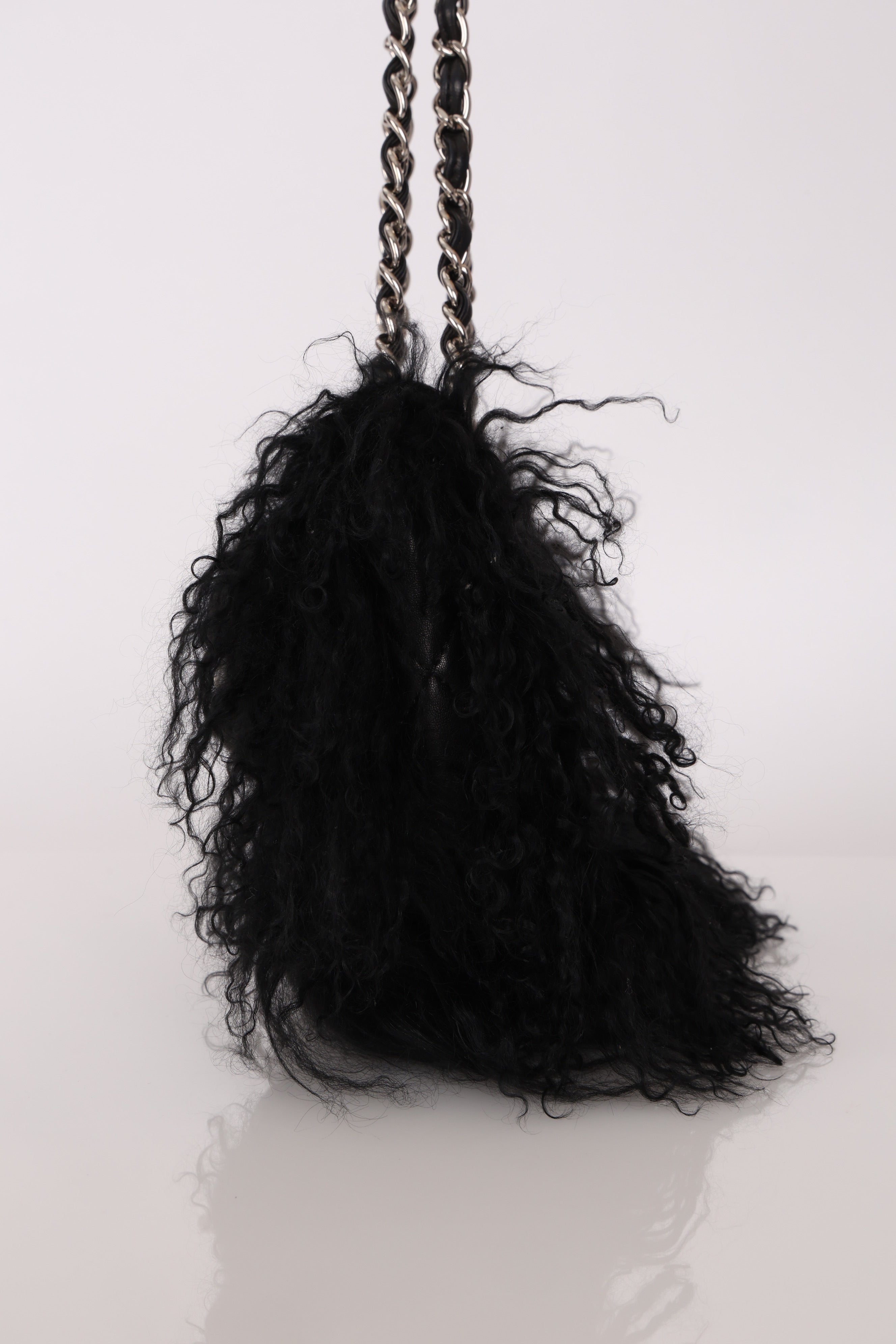 Chanel Shearling Fur Single Flap w/ Pouch Black Lambskin SHW