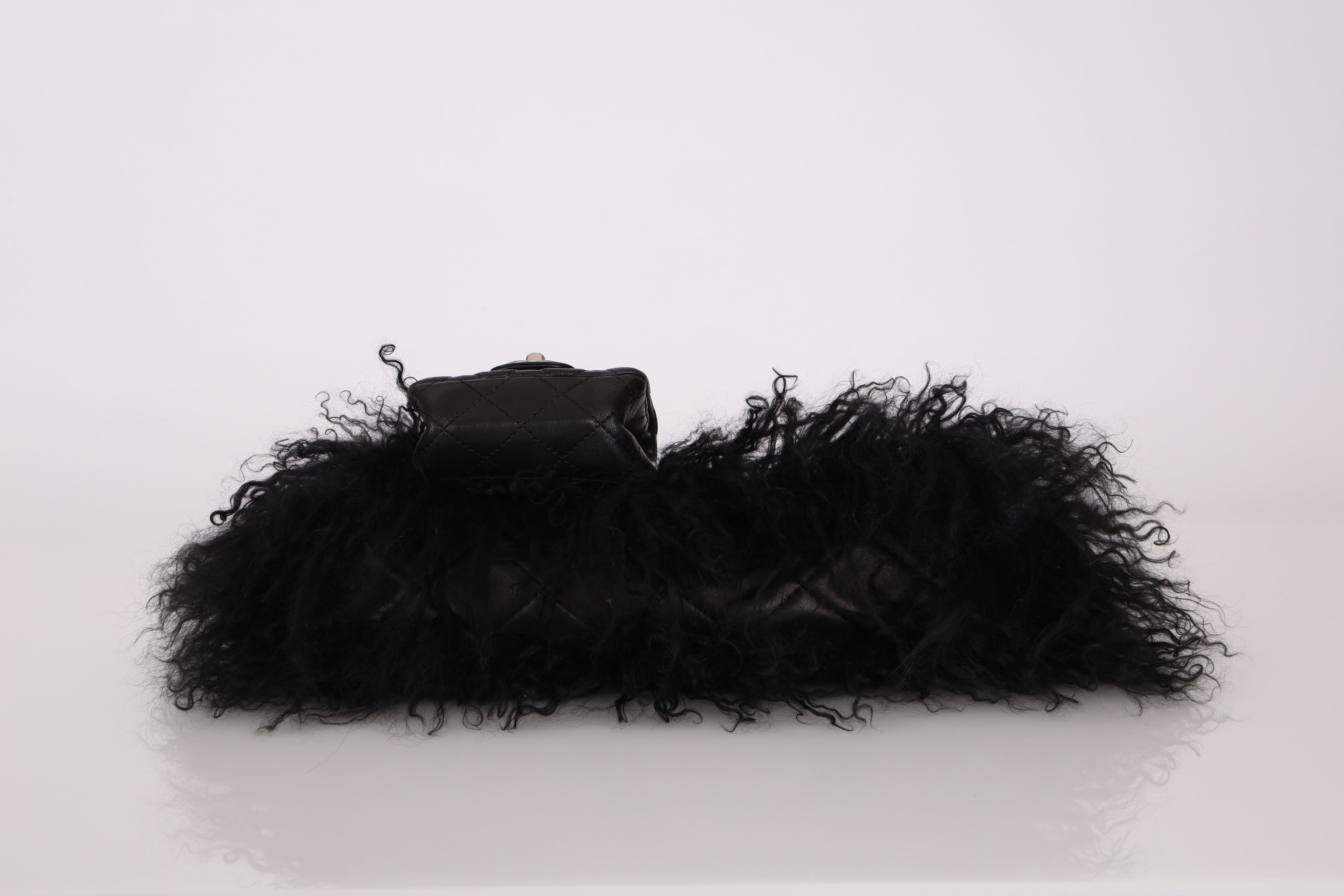 Chanel Shearling Fur Single Flap w/ Pouch Black Lambskin SHW