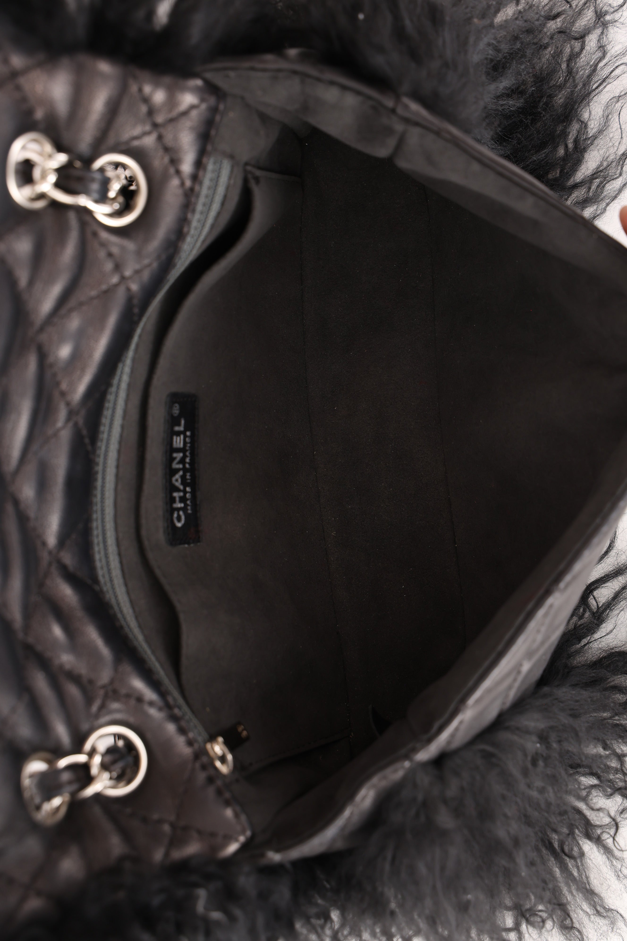 Chanel Shearling Fur Single Flap w/ Pouch Black Lambskin SHW