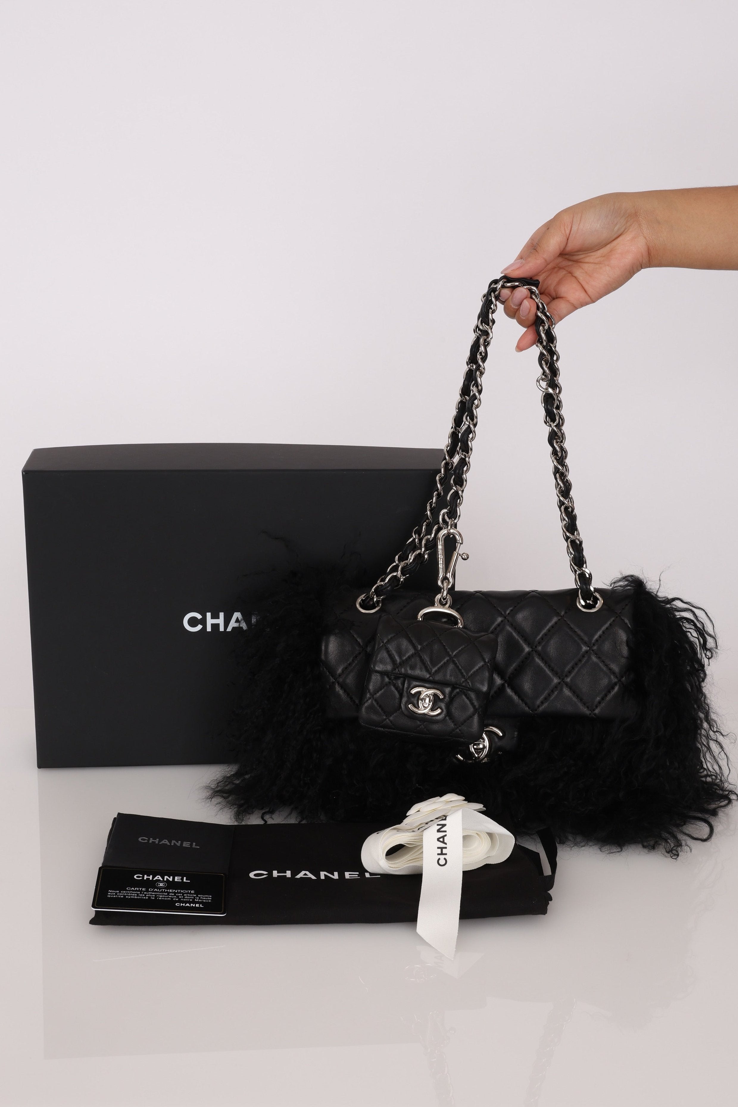 Chanel Shearling Fur Single Flap w/ Pouch Black Lambskin SHW