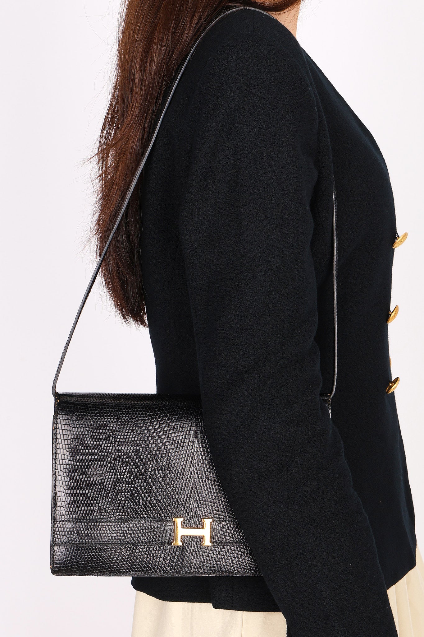 Hermès Sac Annie Shoulder Bag Noir Salvator Lizard GHW
