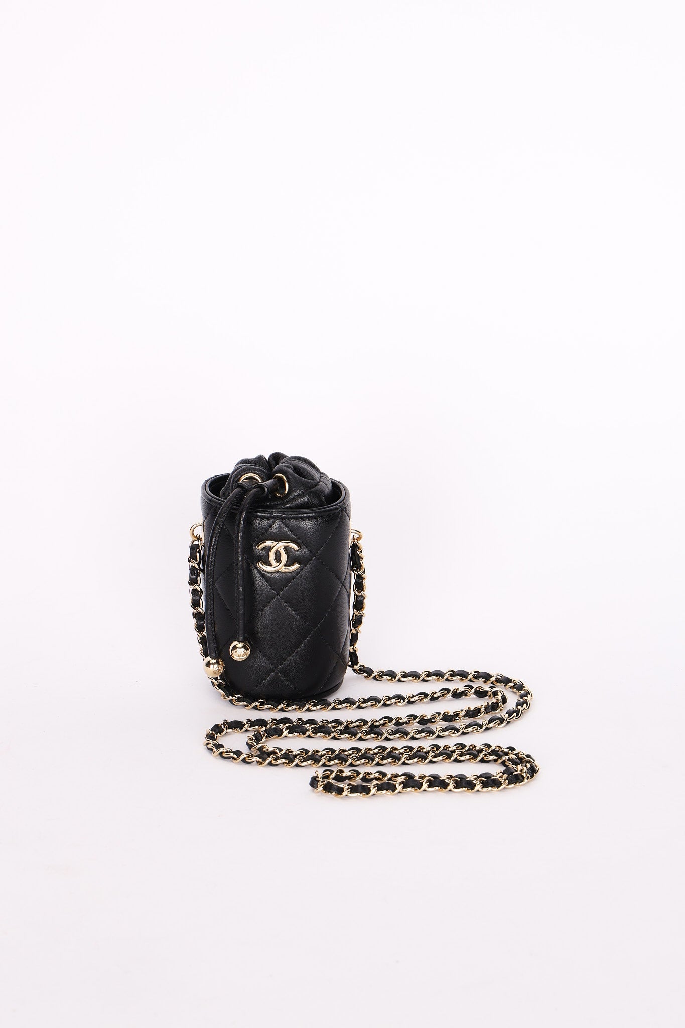 Chanel Mini Drawstring Bucket Bag Black Lambskin 2022 CGHW