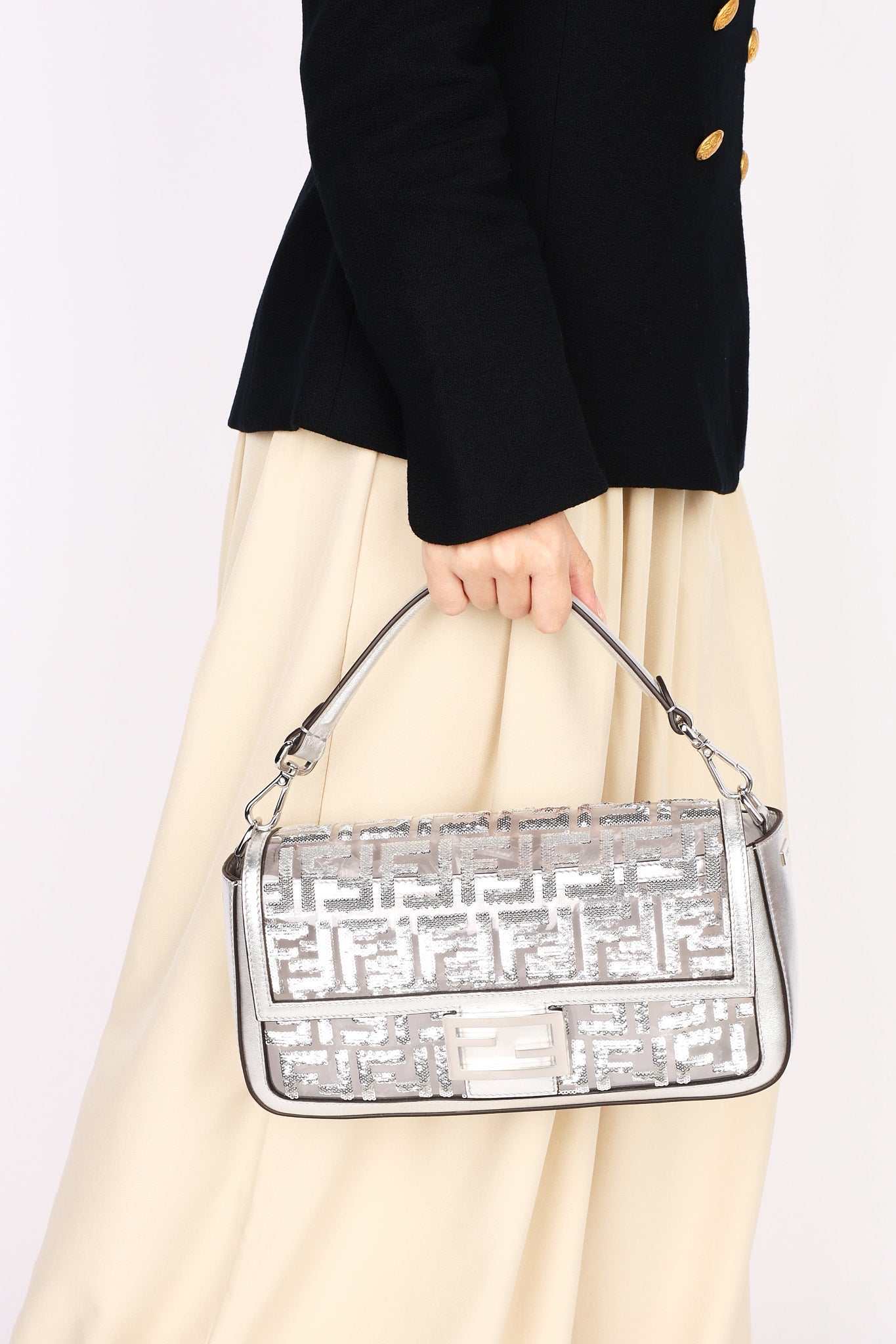 Fendi Zucca Sequin Baguette Bag Silver Metallic