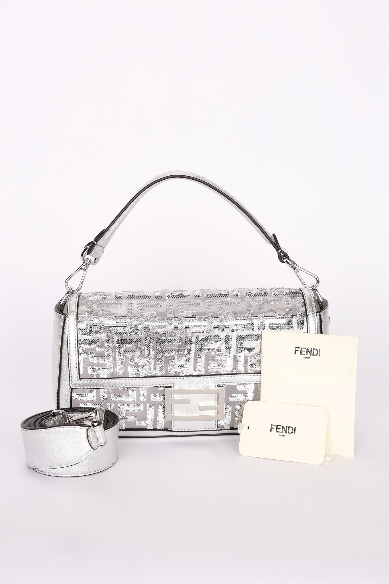 Fendi Zucca Sequin Baguette Bag Silver Metallic