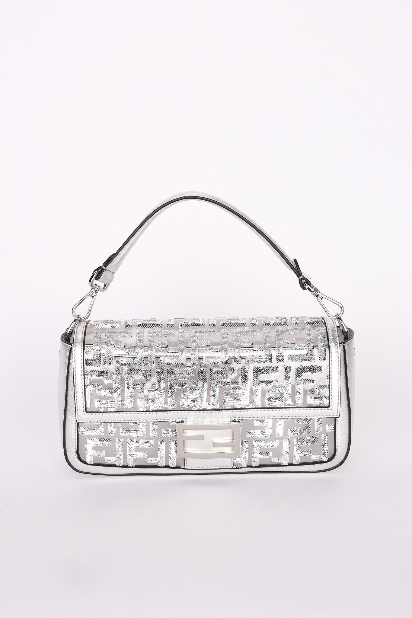 Fendi Zucca Sequin Baguette Bag Silver Metallic