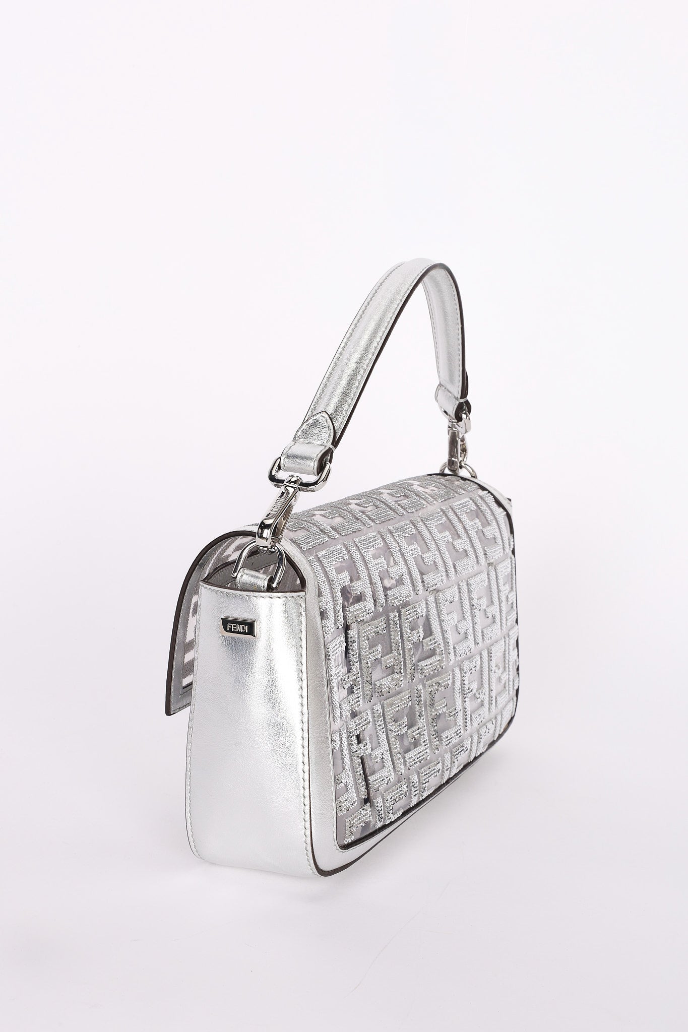 Fendi Zucca Sequin Baguette Bag Silver Metallic