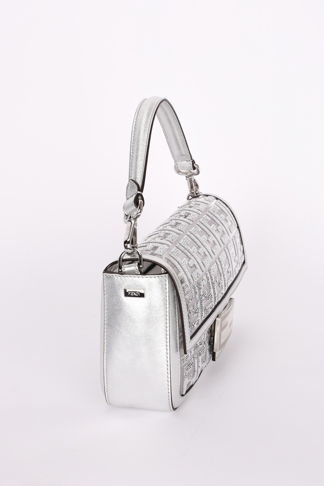 Fendi Zucca Sequin Baguette Bag Silver Metallic
